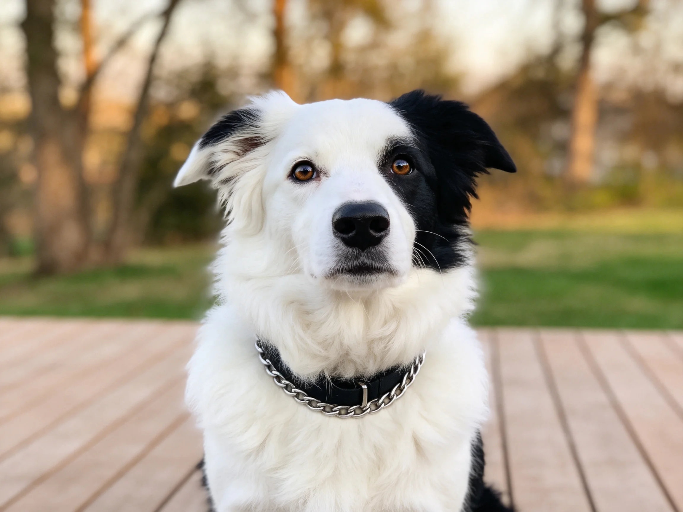 边境牧羊犬有着黑白相间的毛发,黑色的左耳与白色面部形成明显对比,眼神专注地注视前方。