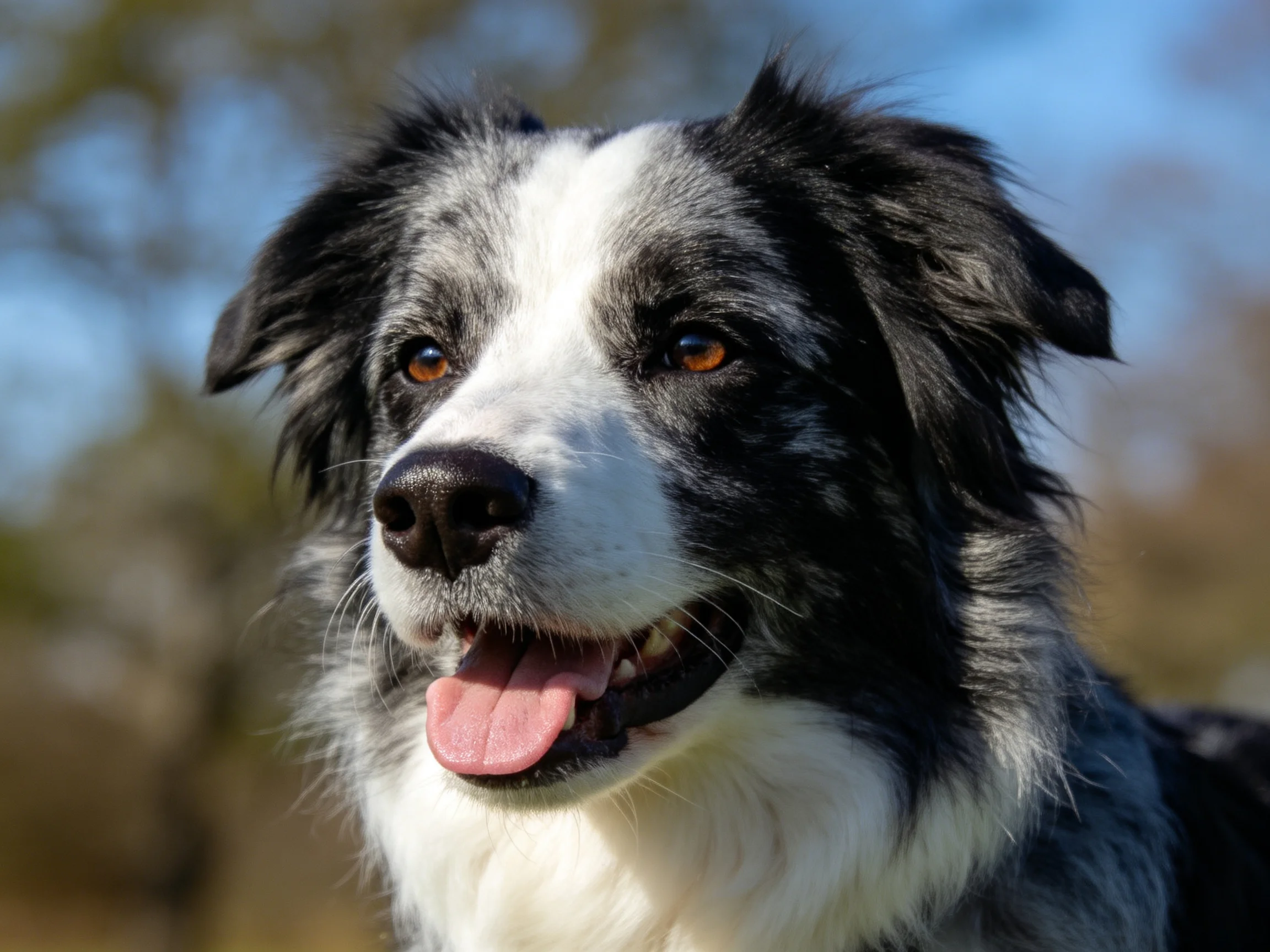 一只黑白相间的边境牧羊犬,眼睛明亮,嘴巴张开露出粉红色舌头,展现出放松友状态。