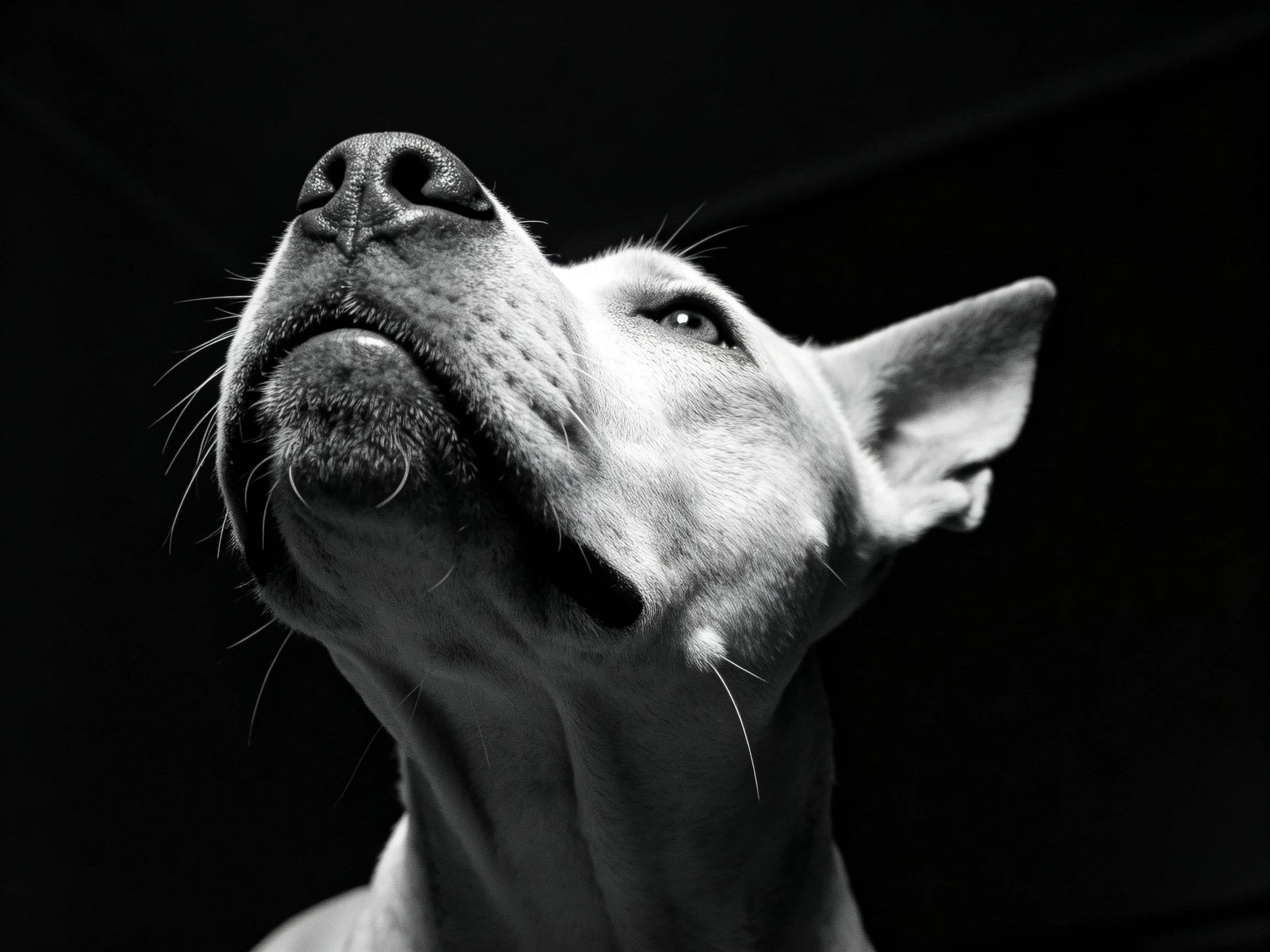 牛头梗犬目光向上凝视,鼻尖和眼部区域受光,胡须清晰可见,呈现警觉状态。