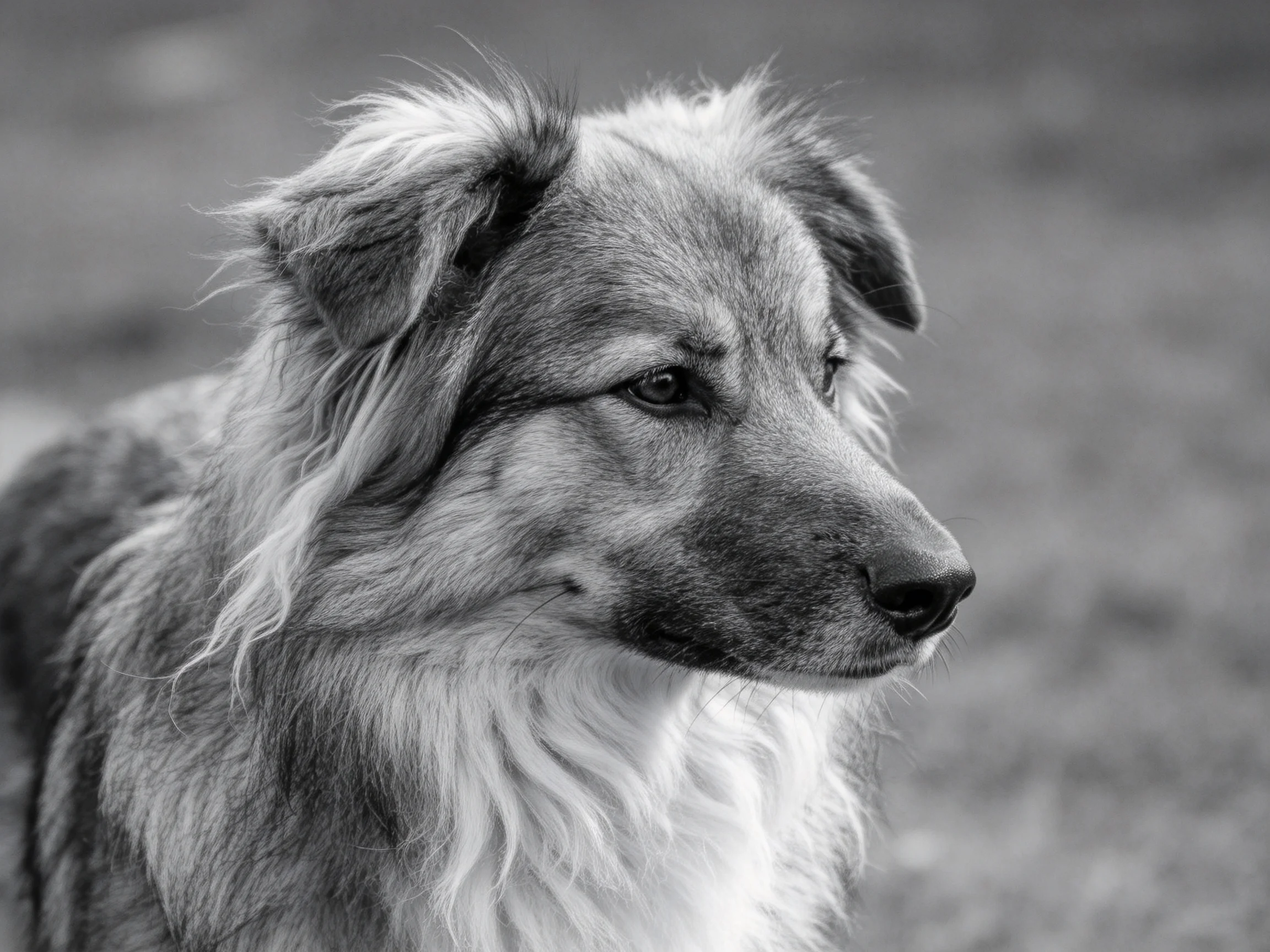 边境牧羊犬混种犬有着蓬松的毛发,目光专注地凝视远方,耳朵微微前倾。