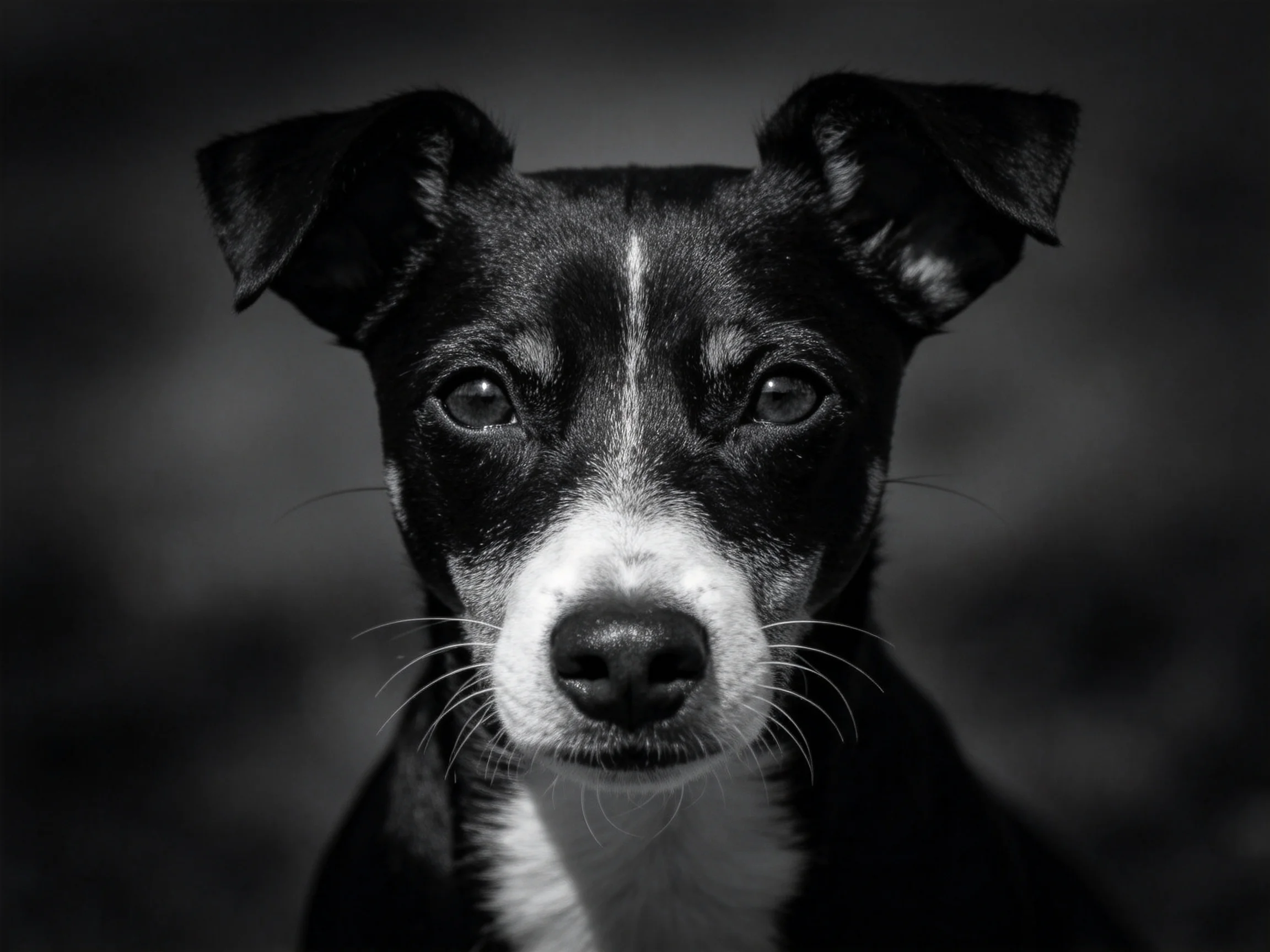 黑白小型梗犬,黑色的耳朵与白色口鼻形成鲜明对比,胡须清晰可见。