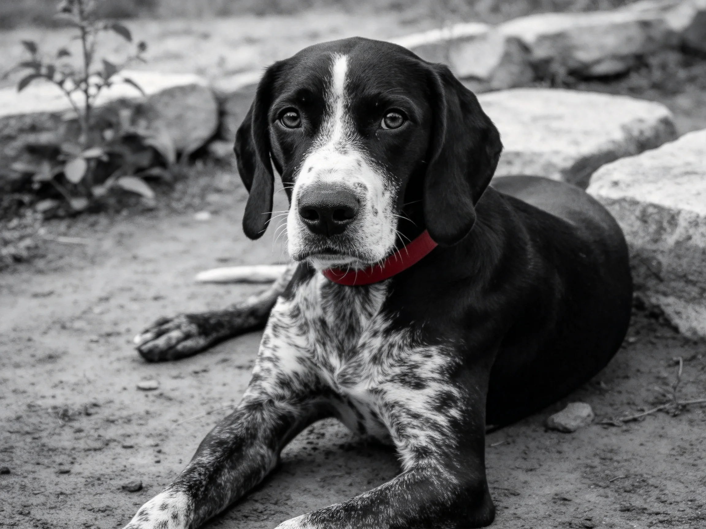 一只带有白色斑纹的指示猎犬安静地趴在石板地面处,红色项圈清晰可见,眼部明亮注视前方。