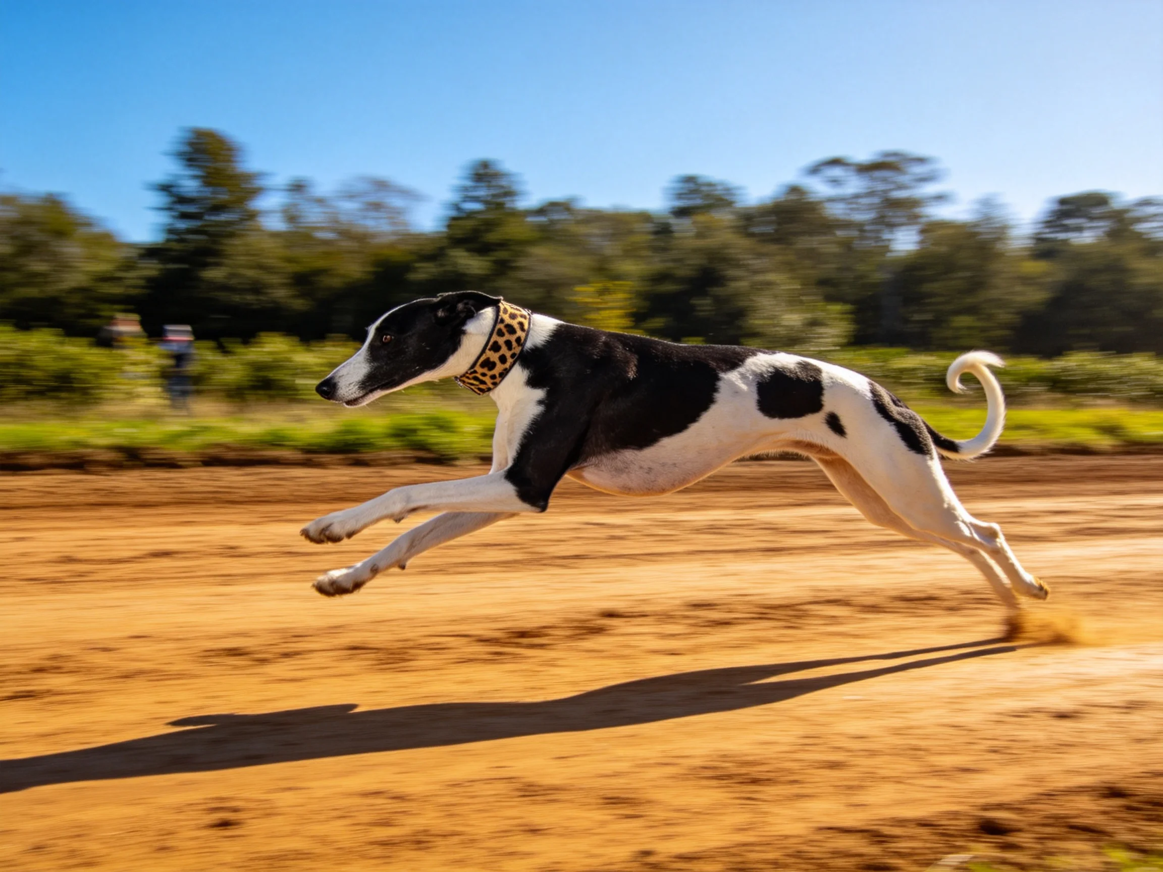 灵缇犬在泥土赛道上奔跑，身体紧绷呈流线型姿态，豹纹项圈清晰可见。