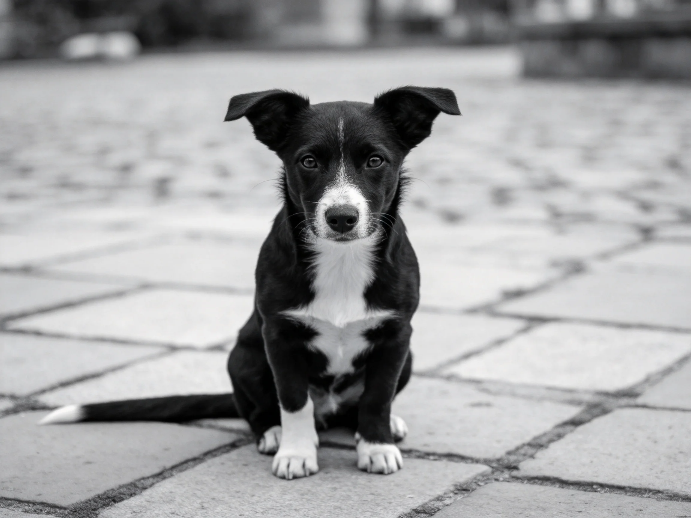 这是一只混种边境牧羊犬,它黑白相间的被毛清晰可见,胸部白色的毛发与黑色的身体形成鲜明对比。