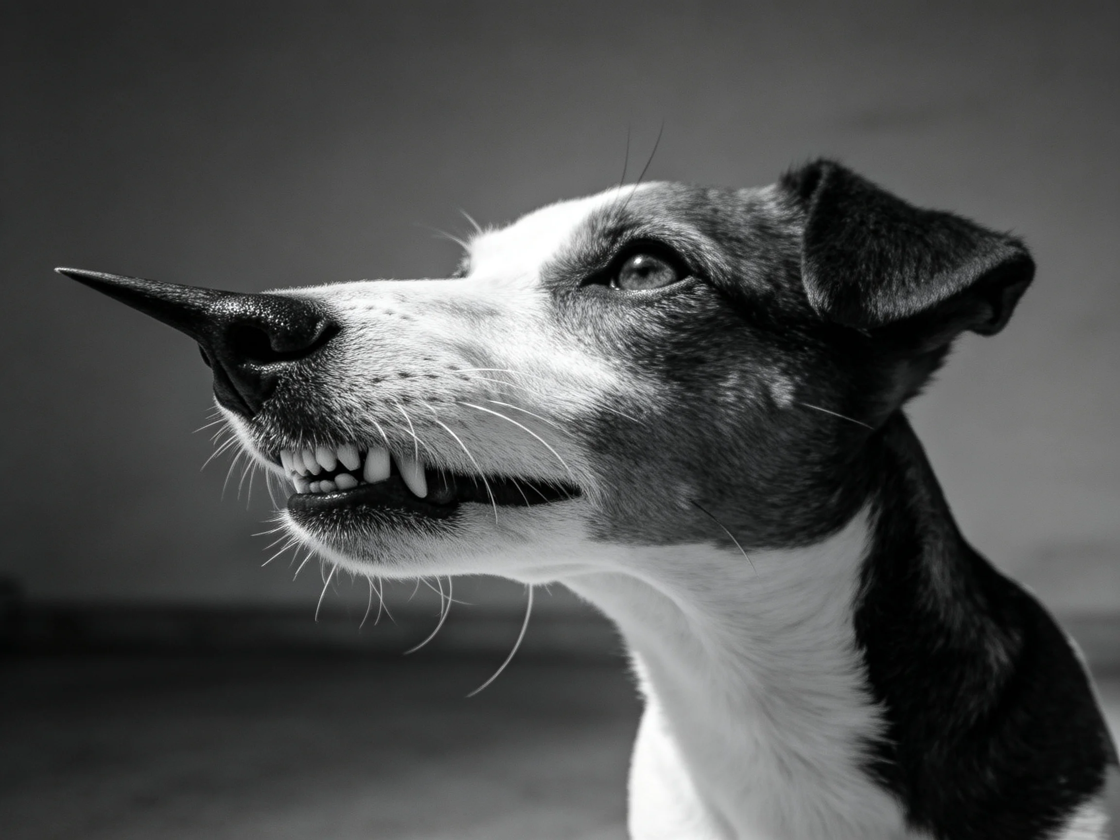 特殊造型短毛梗类混种犬,鼻端有角状结构,黑白相间被毛。