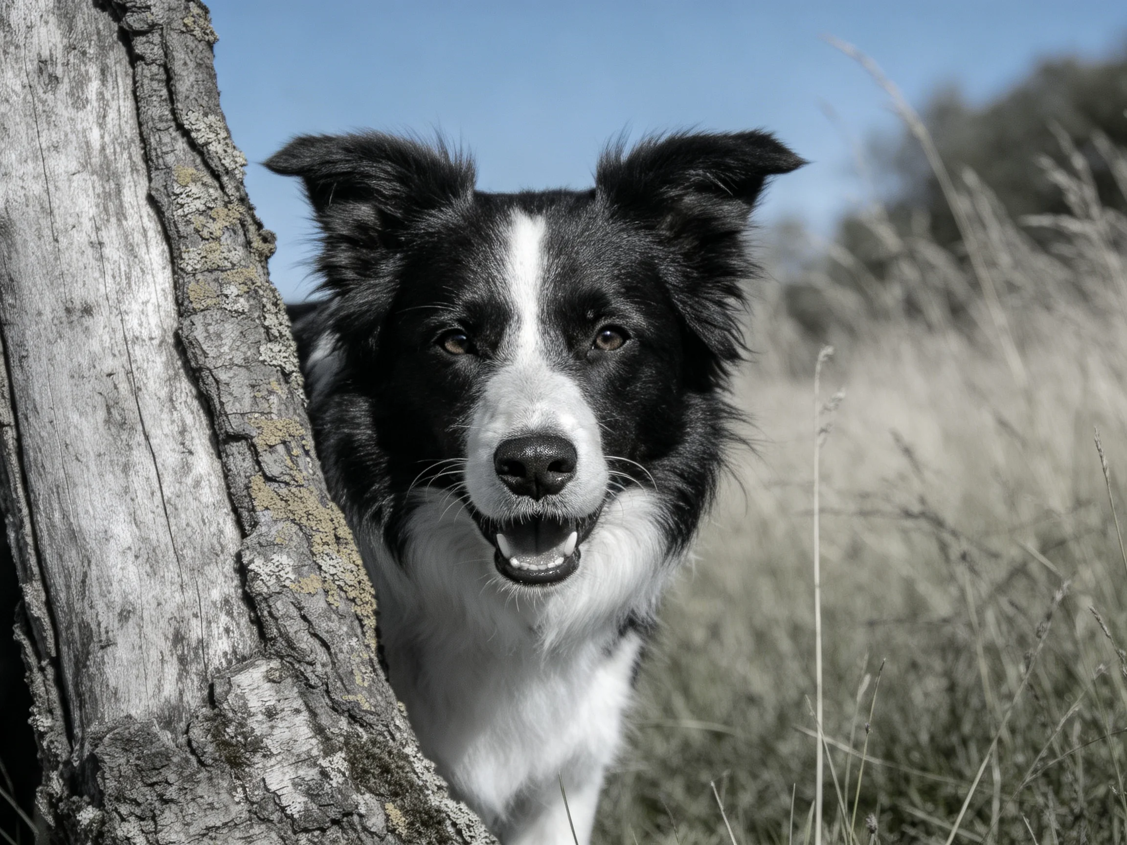 边境牧羊犬黑白相间的毛发,嘴巴张开露出牙齿,处于树木旁边的草地场景中。