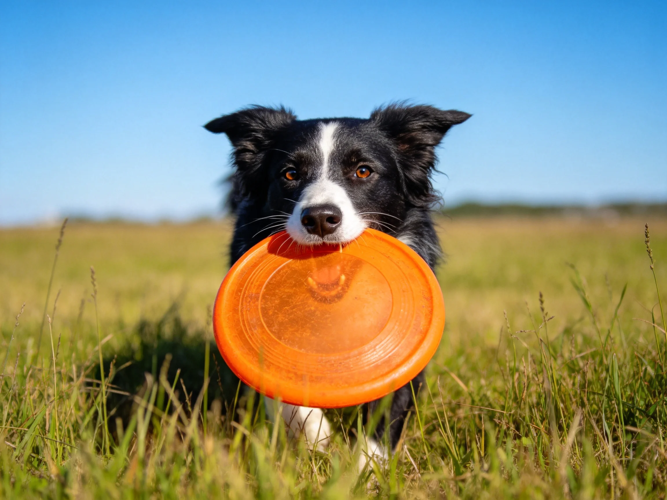 边境牧羊犬叼着橙色飞盘,黑白相间的毛发与光滑的橙色飞盘形成鲜明对比。