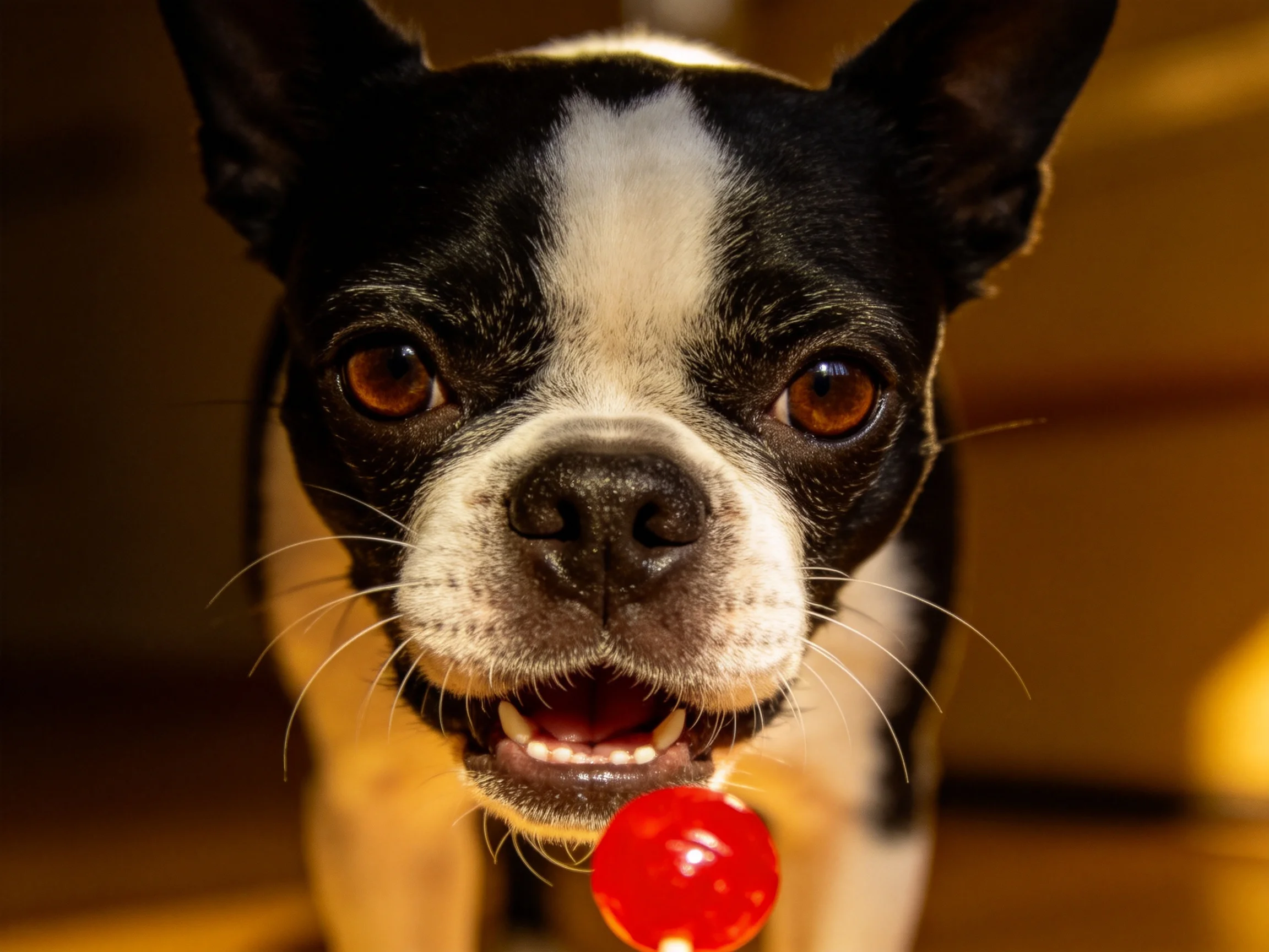波士顿梗犬叼着红色圆形糖果,黑色的耳朵竖立,白色的面部斑纹清晰可见。
