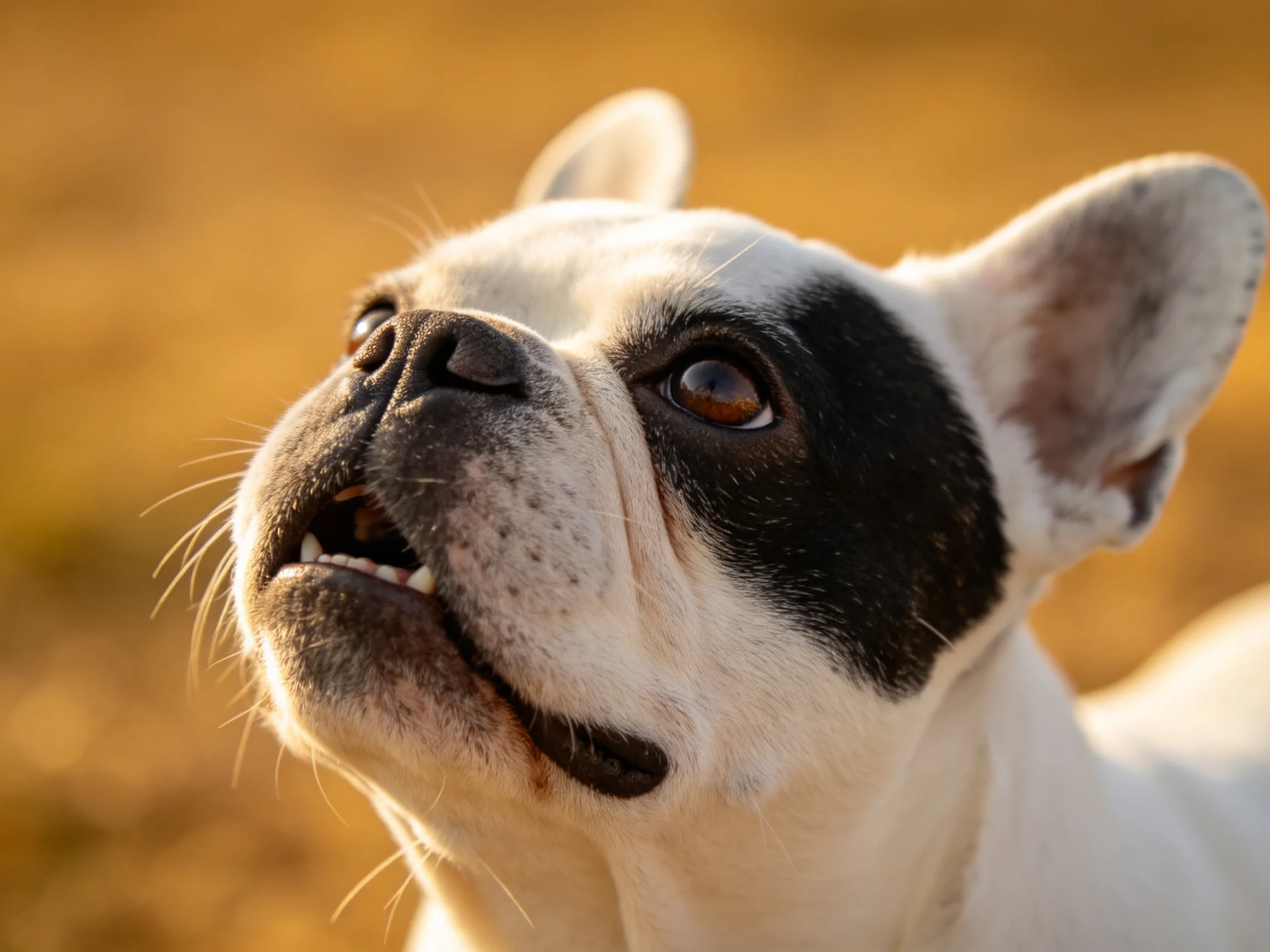 一只黑白相间的法国斗牛犬抬头凝视,黑色的斑纹围绕眼部,白色毛发覆盖身体大部分区域。