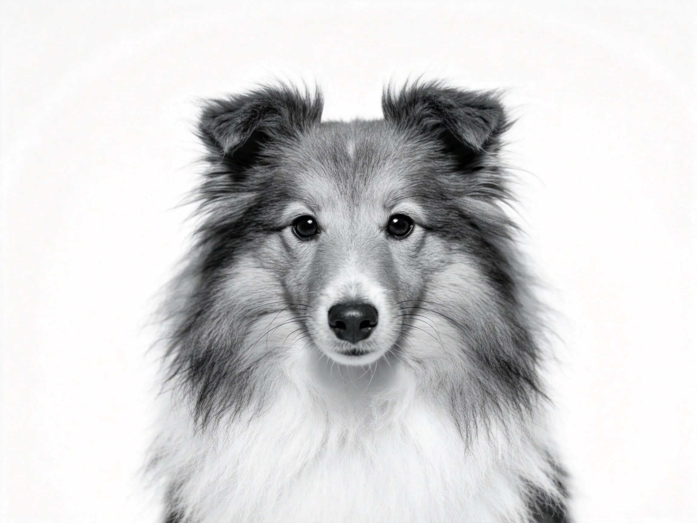 喜乐蒂牧羊犬黑白特写,眼部周围毛发浓密且纹理清晰。