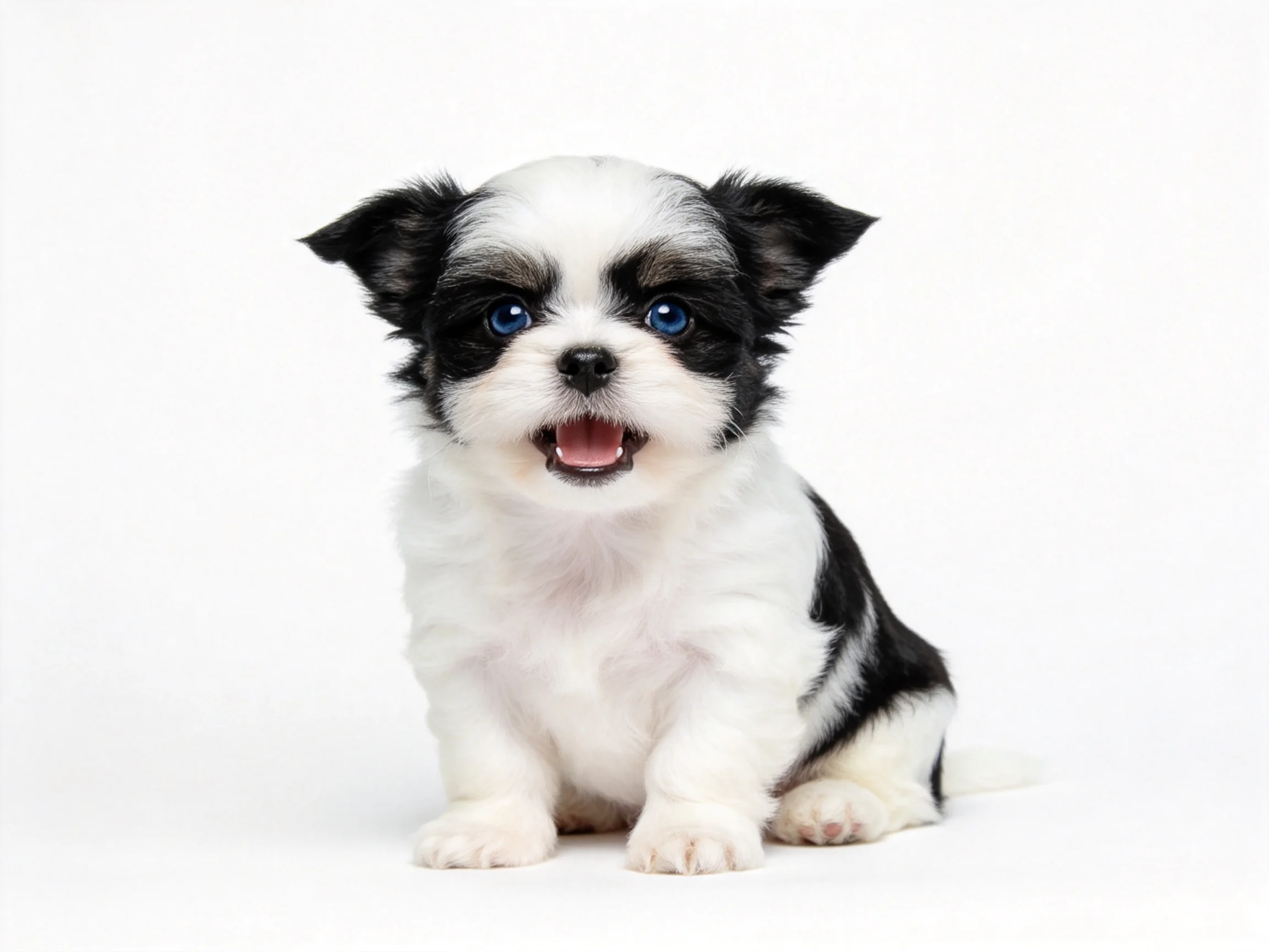 黑白小型混种犬,有着蓬松柔软的毛发和明亮的蓝色眼睛,安静地坐在白色背景内。