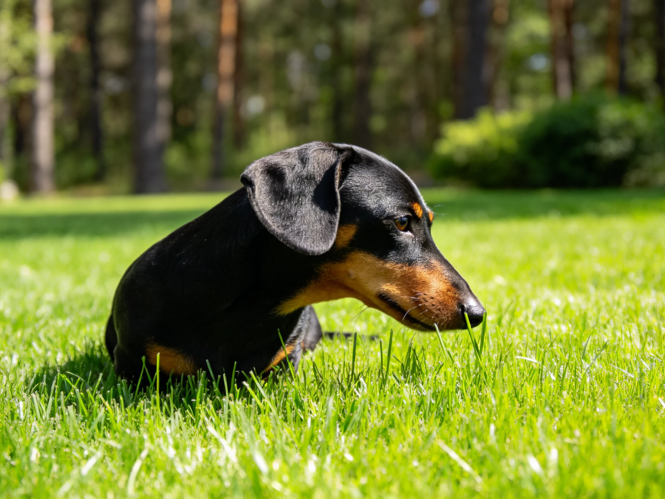 腊肠犬低头靠近草叶,黑色与棕色相间的被毛清晰可见。