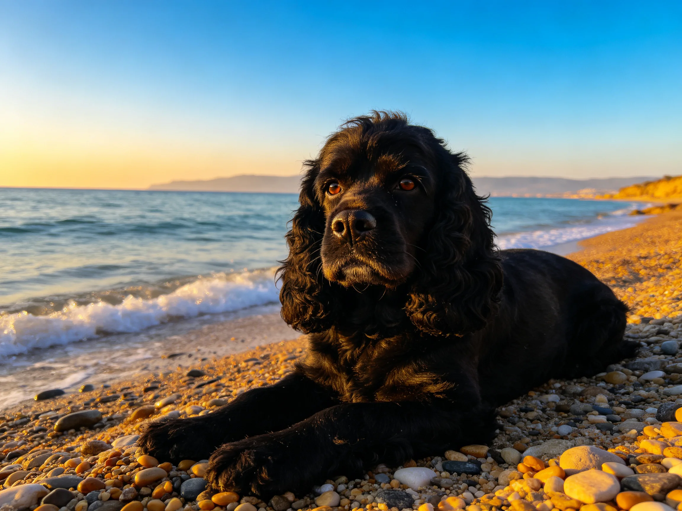可卡犬安静地趴在鹅卵石海滩上,黑色蓬松卷毛,眼神平静注视前方。