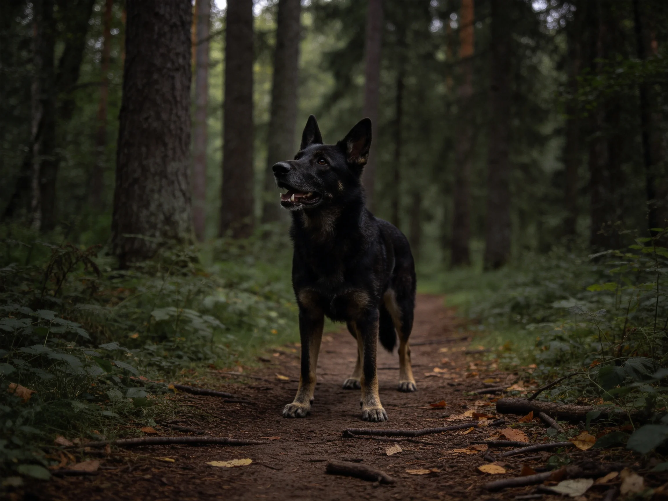 德国牧羊犬站在森林小径上,黑色被毛搭配浅棕色腿部,耳朵竖起注视前方。