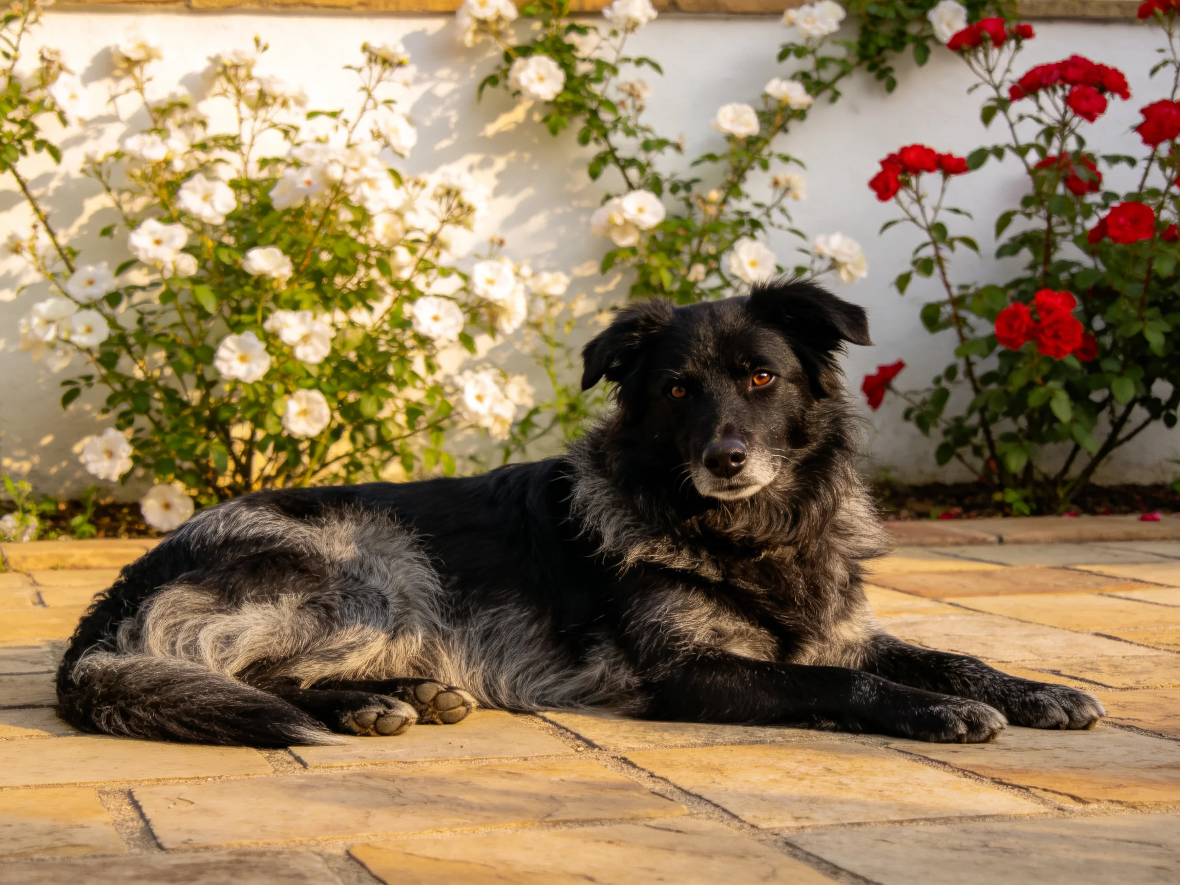 一只混血牧羊犬安静趴卧在户外石板地面上，黑色的被毛带有灰色斑纹，前爪姿态显示其放松状态。