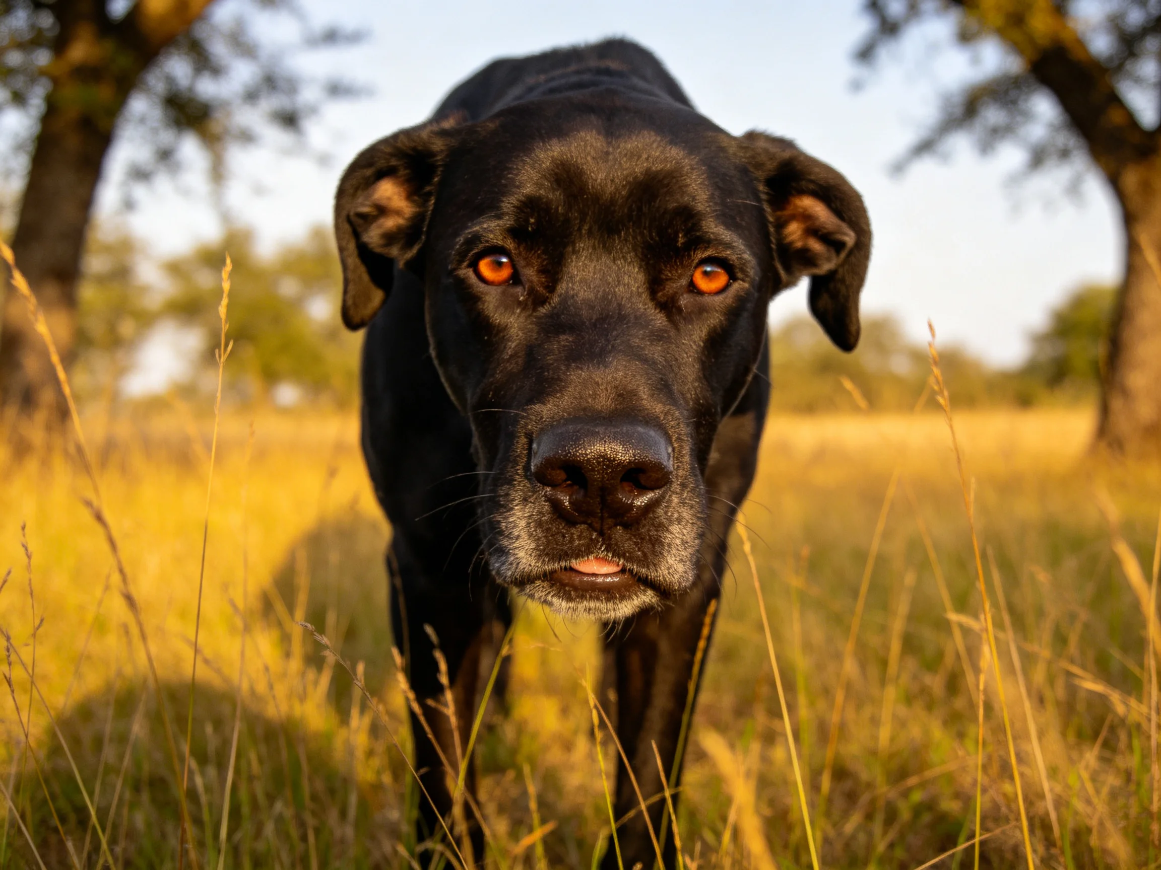 黑拉布拉多犬有着乌黑光滑的被毛和明亮的橙红色眼睛,鼻尖微微湿润。