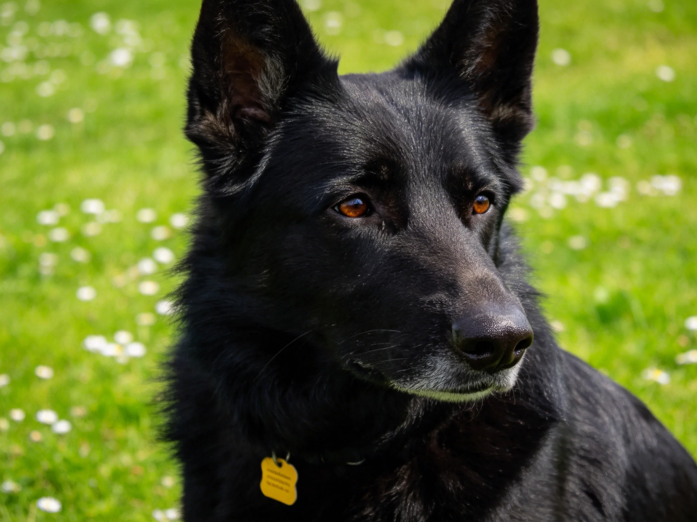 德国牧羊犬目光专注,黑色毛发在阳光下清晰展现其纹理特征。