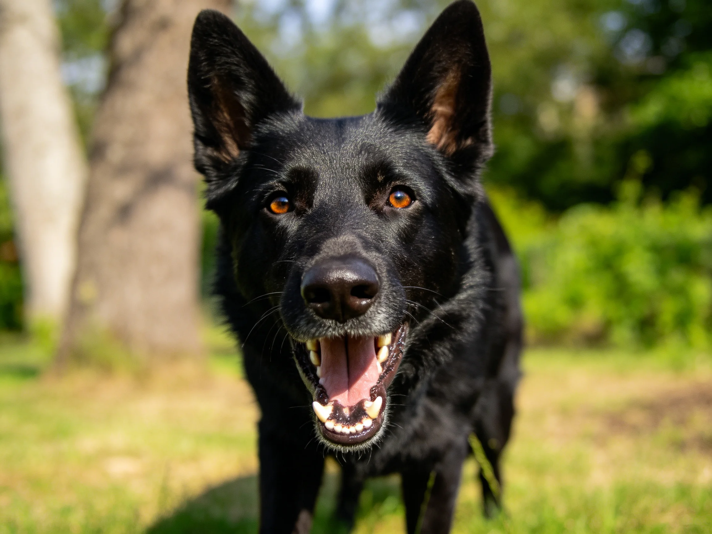 德国牧羊犬嘴巴张开露出牙齿，黑色的毛发短而顺滑，耳朵直立立。