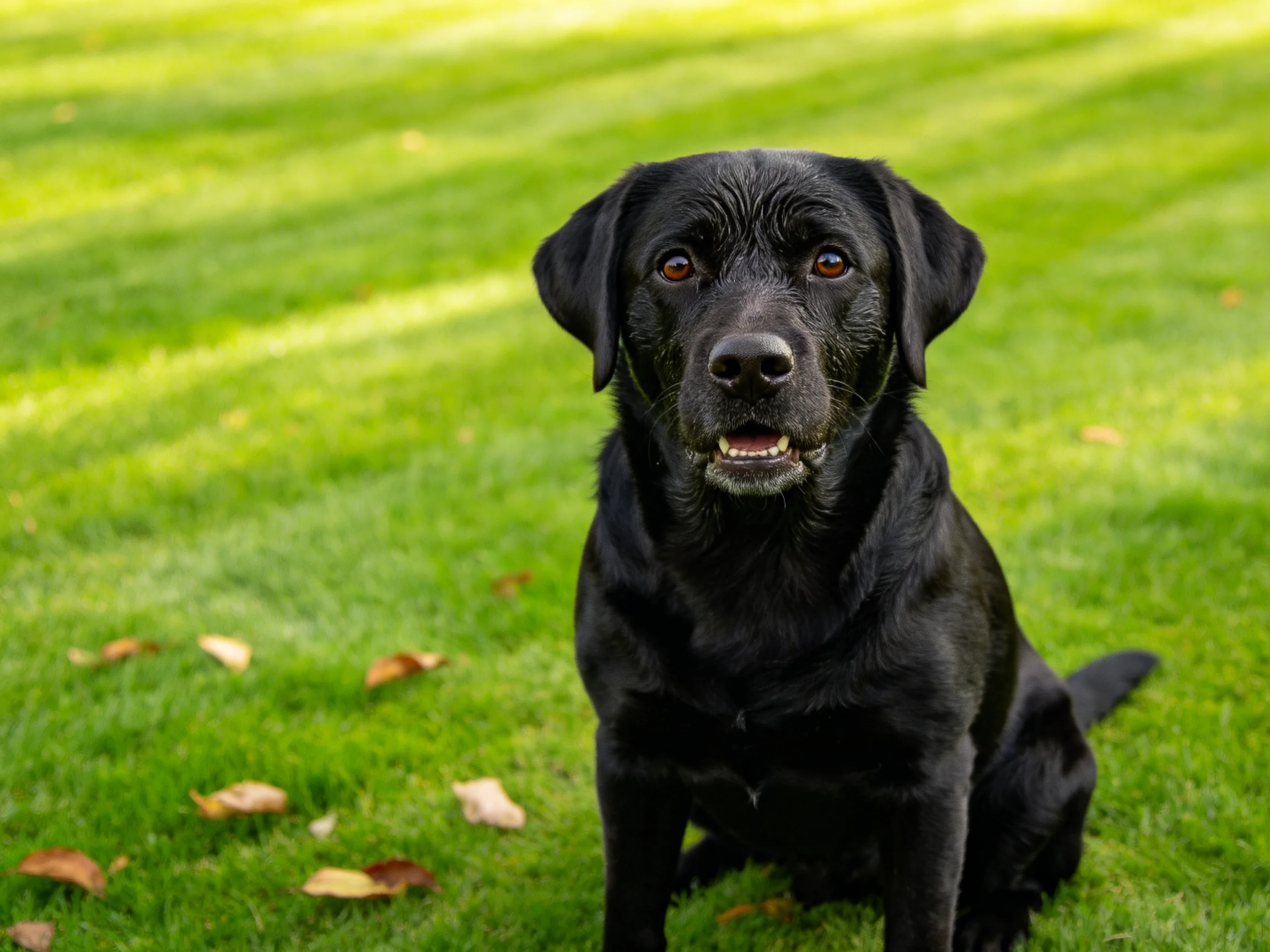 黑色拉布拉多猎犬坐在草地上,嘴巴微微张开,黑色的被毛顺滑有光泽。