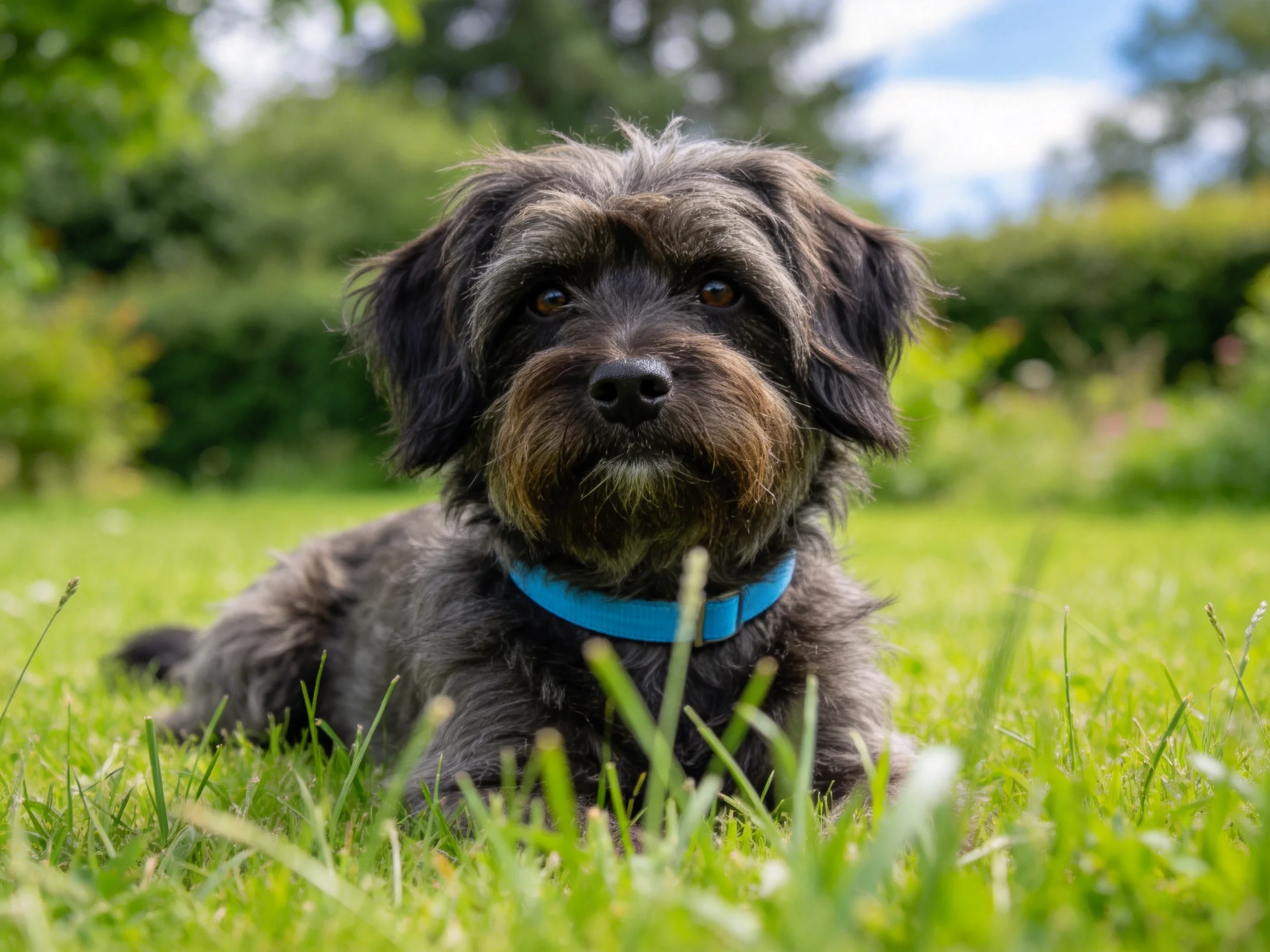 一只卷毛混种犬躺在绿色草地上,佩戴蓝色项圈,面部有深浅色调毛发对比。