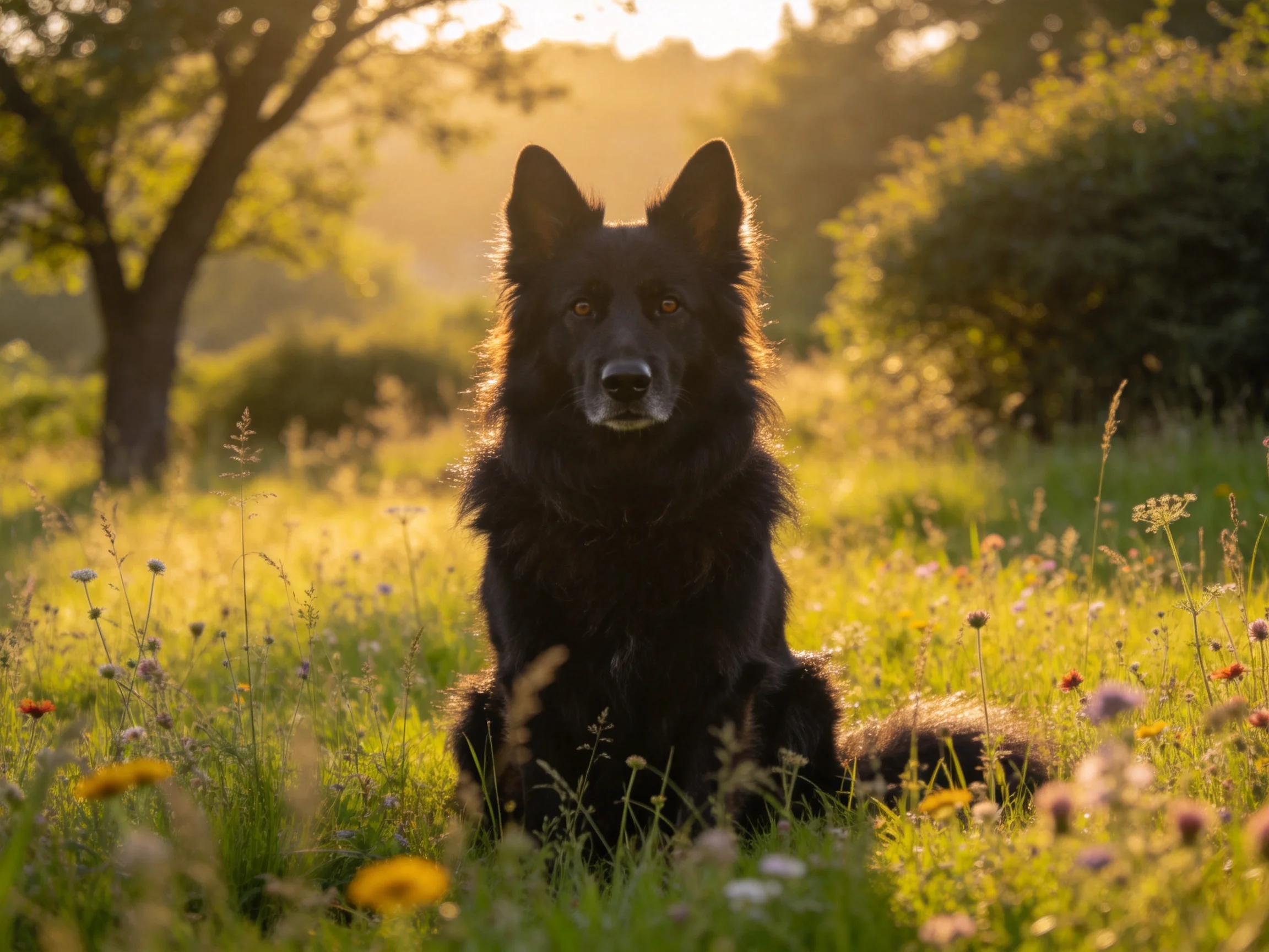 德国牧羊犬安静地坐在野花点缀的草地上,黑色的浓密被毛在夕阳下显得格外蓬松。