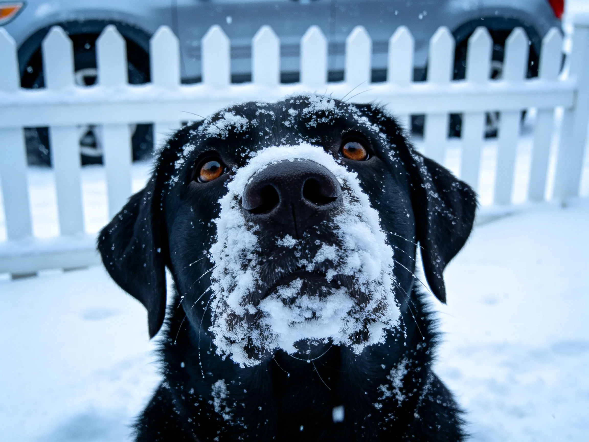 雪地中,一只黑色的拉布拉多猎犬鼻端沾有雪花,眼神专注地看向前方。