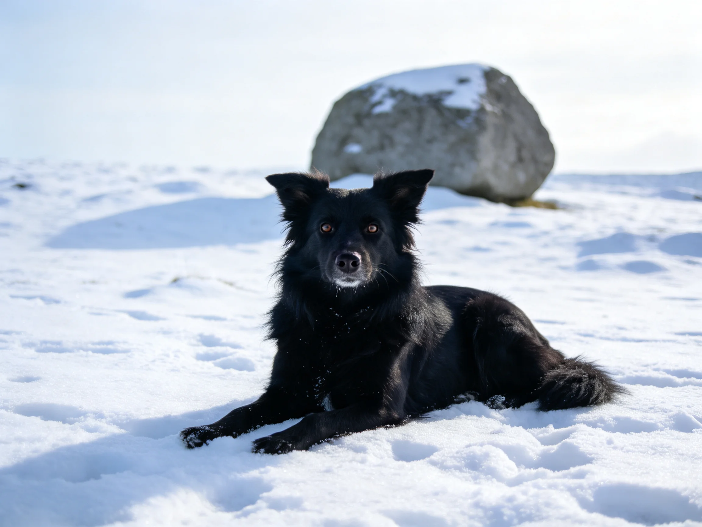 一只黑色的边境牧羊犬趴在雪地上,黑色的毛发与白色的雪景形成鲜明对比,眼神专注地注视着镜头。