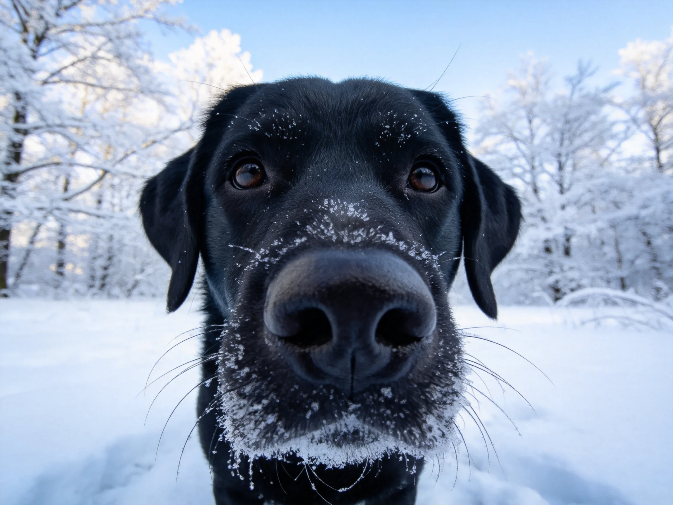 黑色拉布拉多猎犬面部沾有雪花,鼻部及雪粒清晰可见。