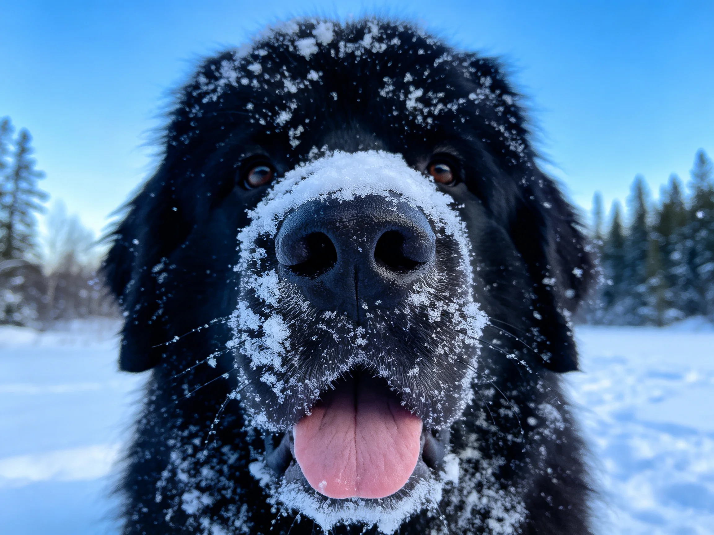 纽芬兰犬的黑色被毛上布满雪花,鼻端和嘴部有明显积雪痕迹,粉色舌头微微外露。