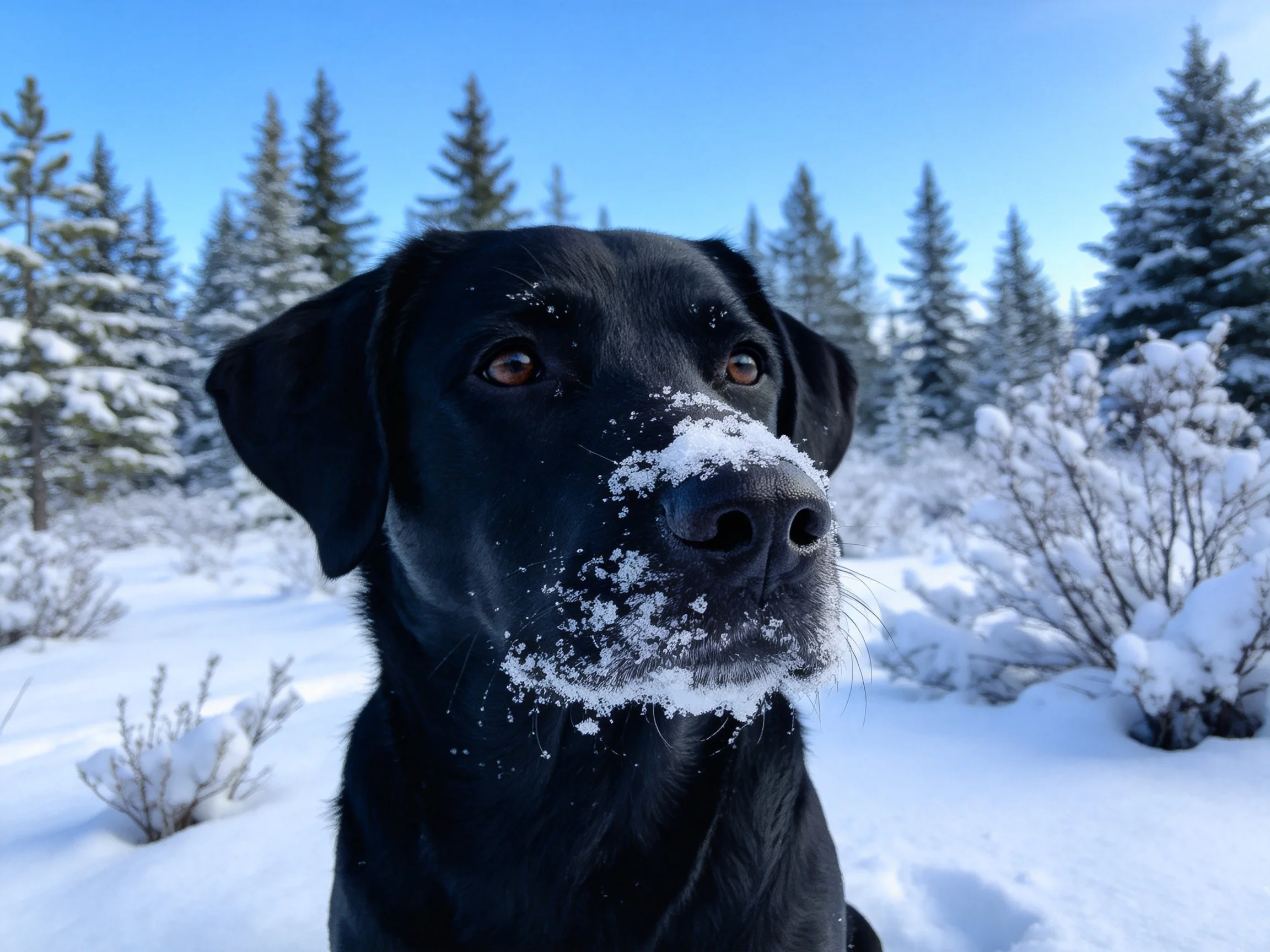 一只黑色的拉布拉多寻回犬,鼻端和嘴巴处沾有雪花,眼神专注地看向远方。