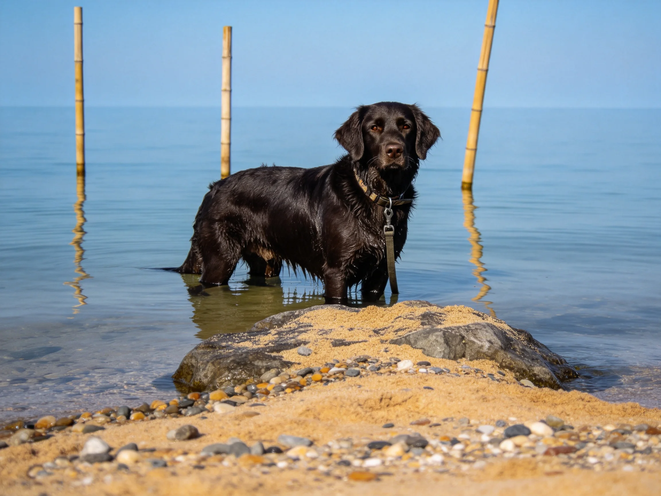 一只拉布拉多猎犬站在浅滩水中,黑色的被毛沾满水珠,周围是沙滩与水面。