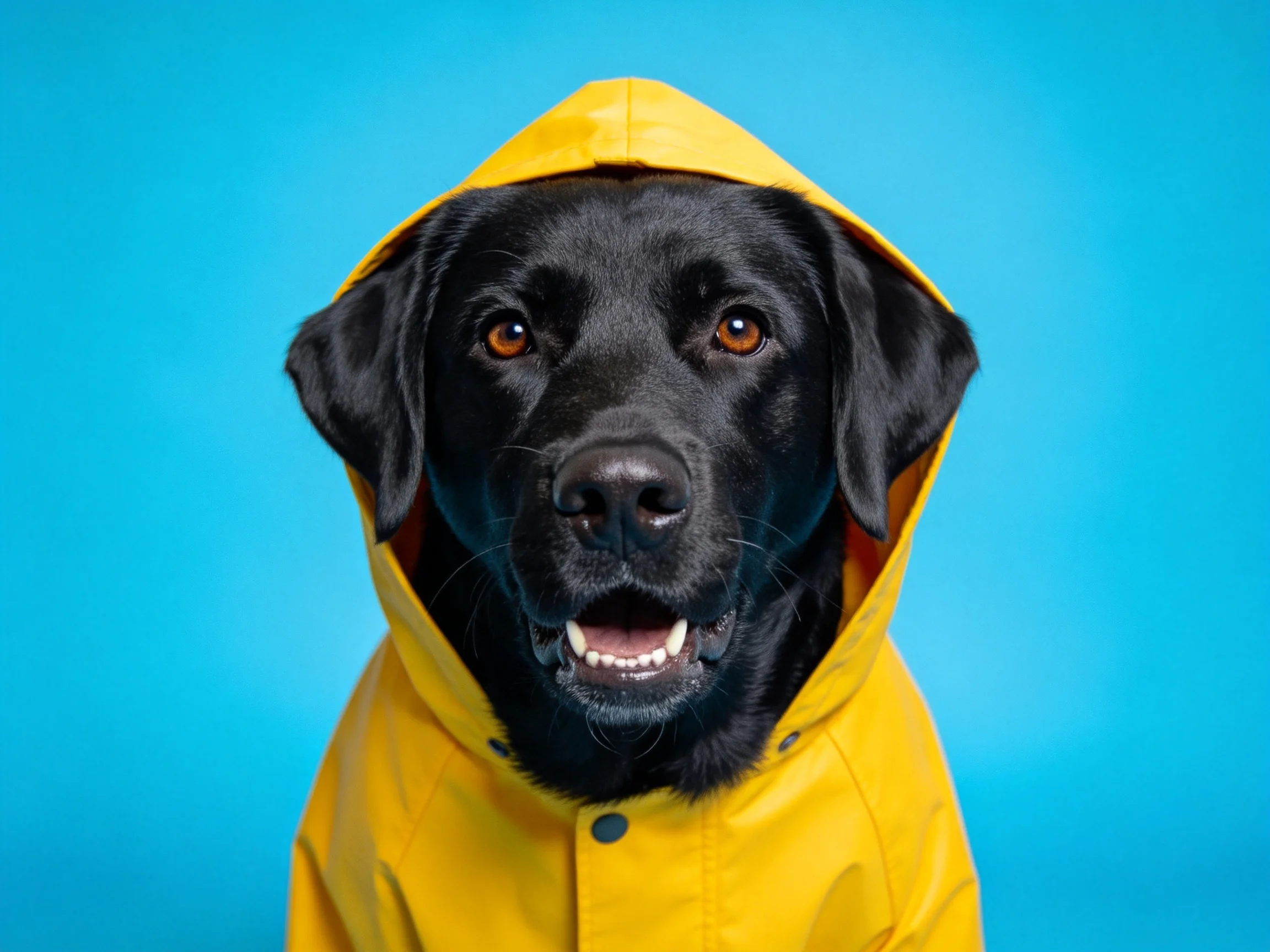 黑色拉布拉多犬穿着黄色雨衣，嘴巴张开露出牙齿，眼神专注看向镜头。