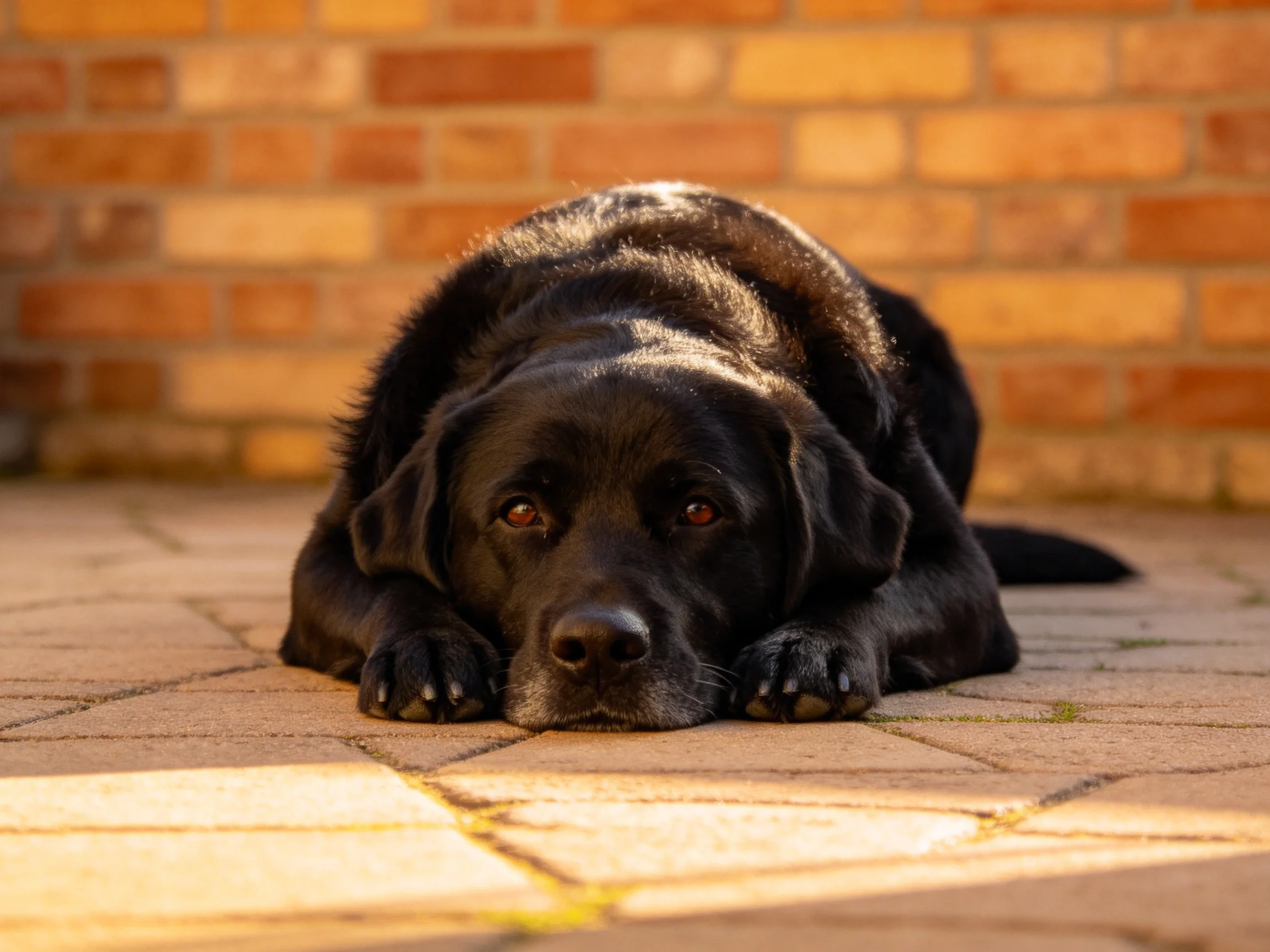 黑色的拉布拉多猎犬趴卧在砖墙前的石板地面上,头部轻靠在前爪,眼神平静注视前方。