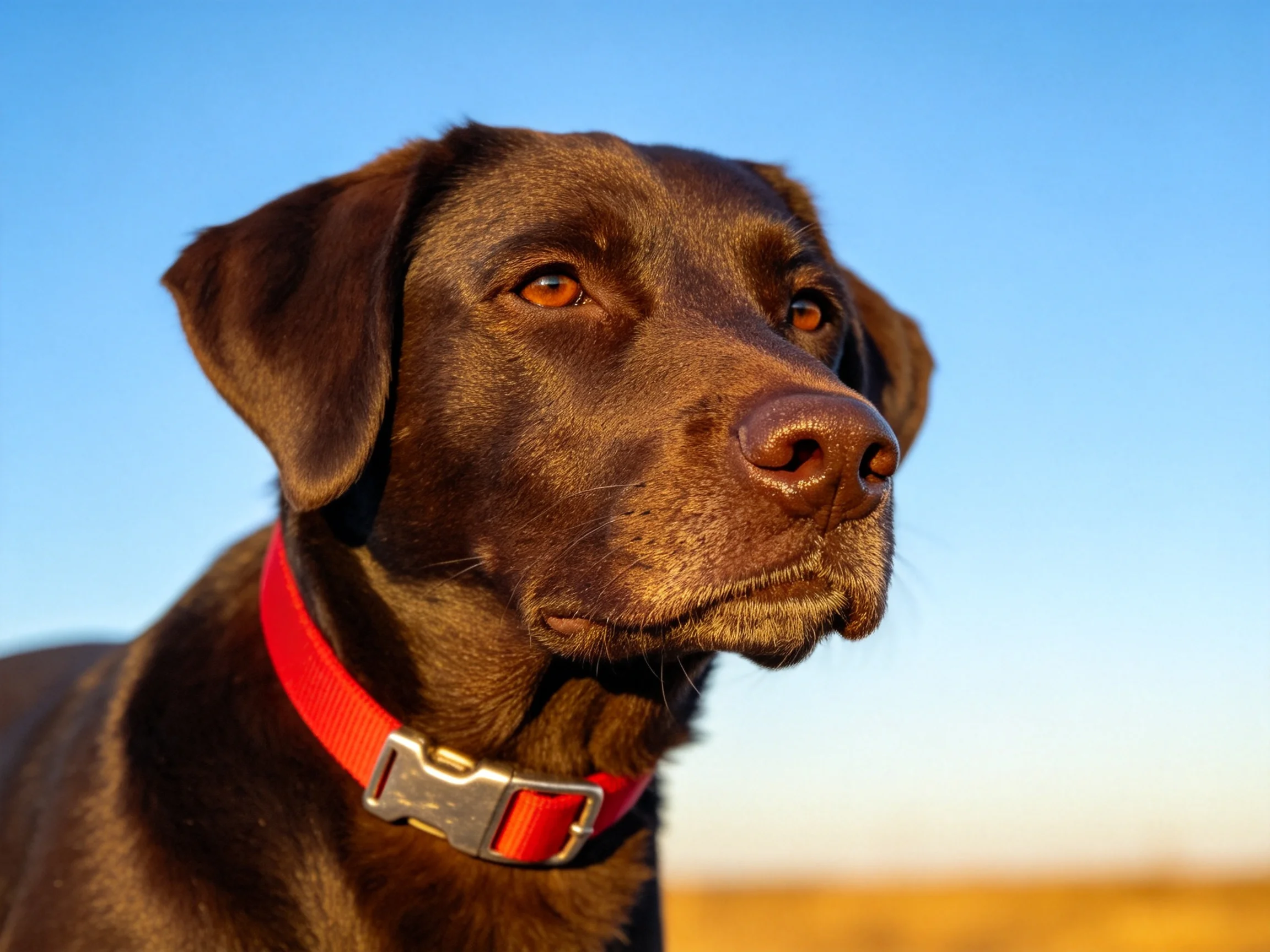 巧克力拉布拉多犬佩戴红色项圈,眼睛明亮,鼻头呈深褐色。