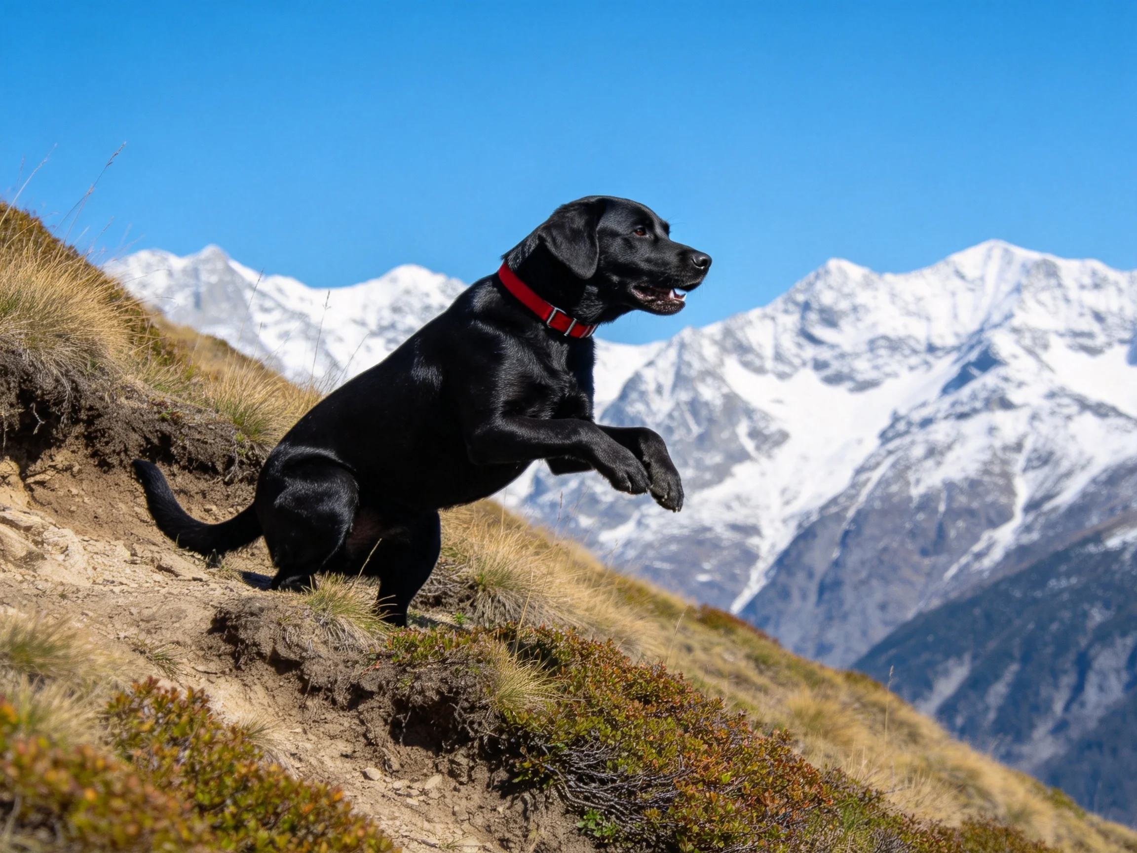 黑拉布拉多寻回犬在山地环境中跃起,红色项圈清晰可见,黑色的被毛光滑有光泽。