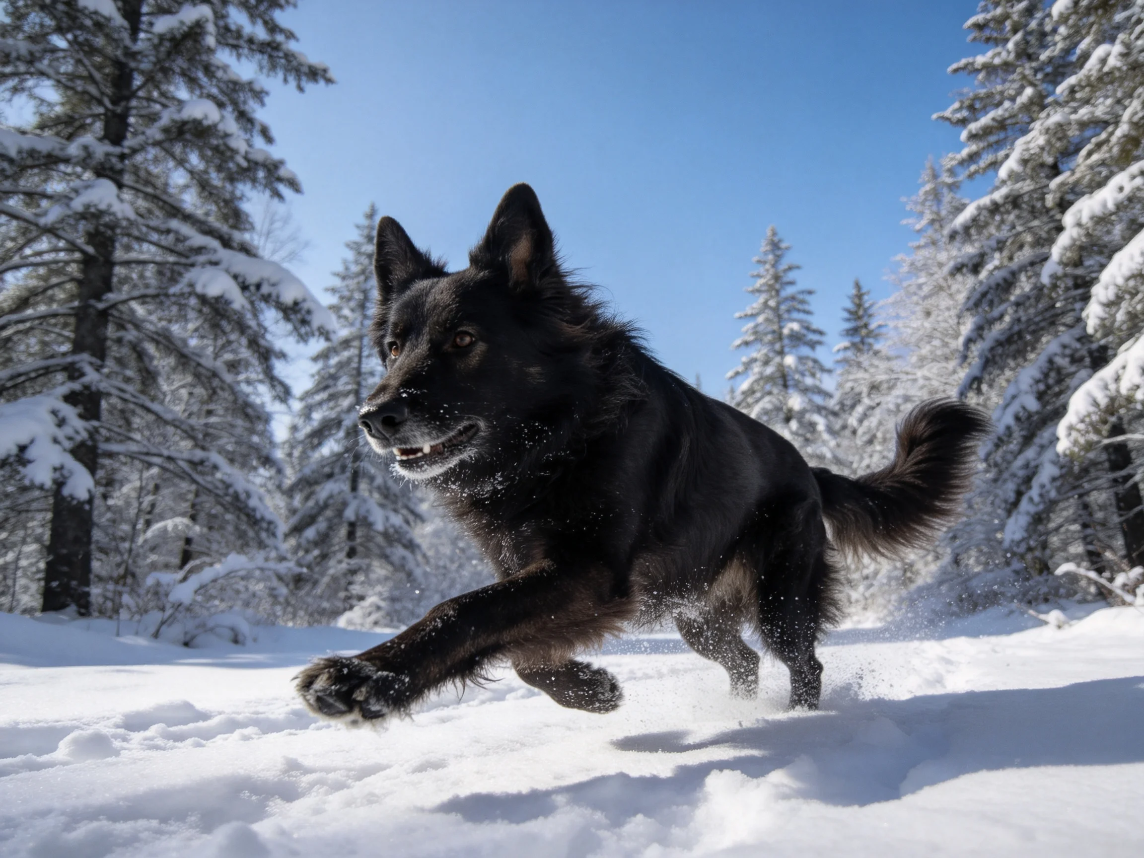 德国牧羊犬黑色的毛发在奔跑中显得蓬松,前爪沾着少量积雪。
