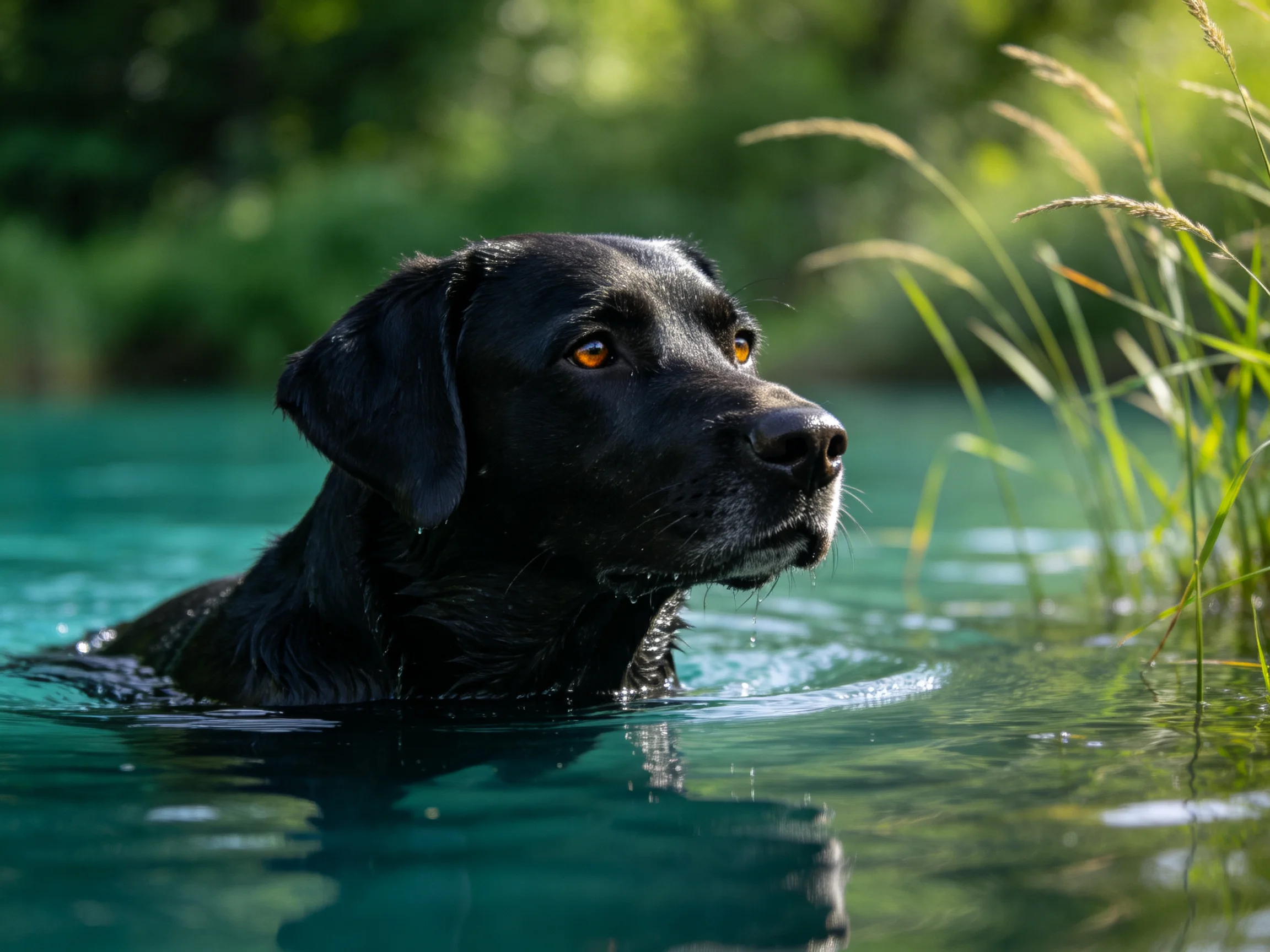 黑拉布拉多犬在水中,湿润的黑色皮毛与清澈水面形成对比,眼睛明亮注视远方。