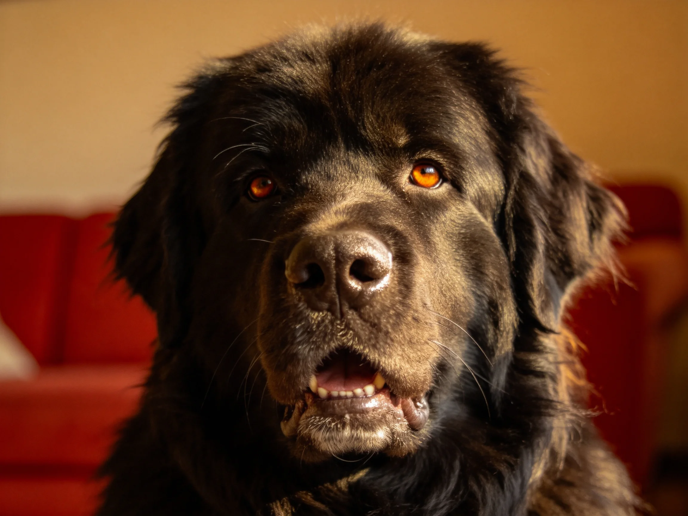 纽芬兰犬的浓密黑色毛发与它温暖的琥珀色眼睛形成鲜明对比,鼻尖湿润显露出它放松的状态。