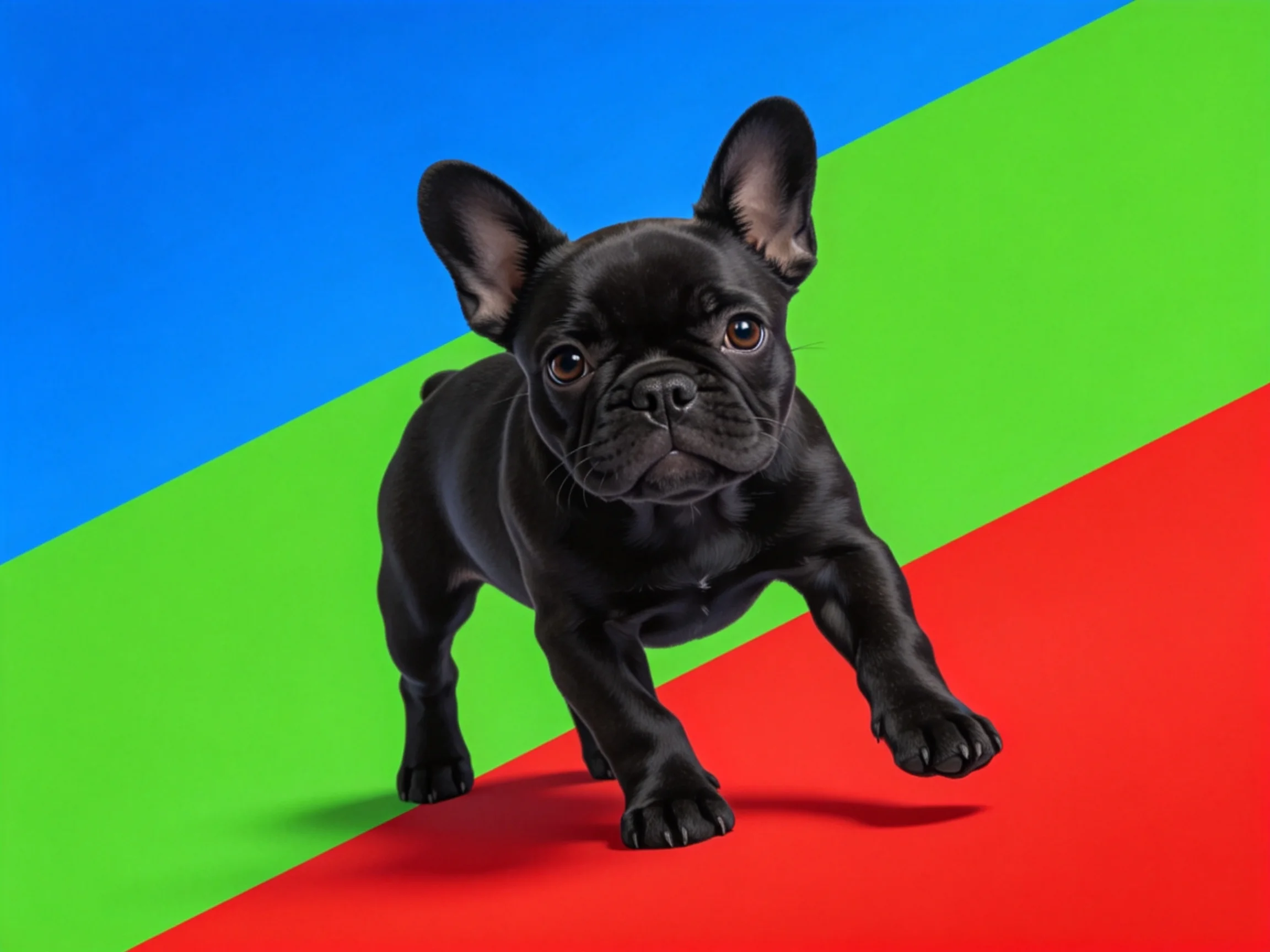 一只黑色的法国斗牛犬,展现出短鼻与竖立耳朵的特征,处于由多种颜色构成的几何背景场景中。