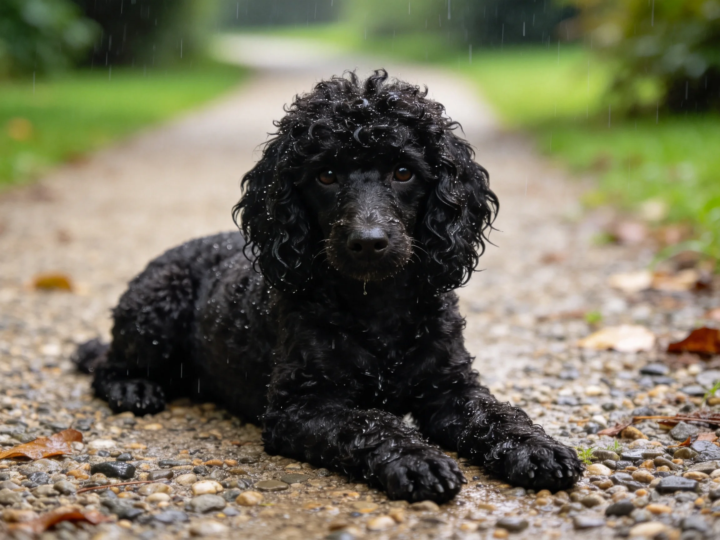 贵宾犬躺在碎石小径上,黑色卷曲毛发因雨水变得湿润贴服。