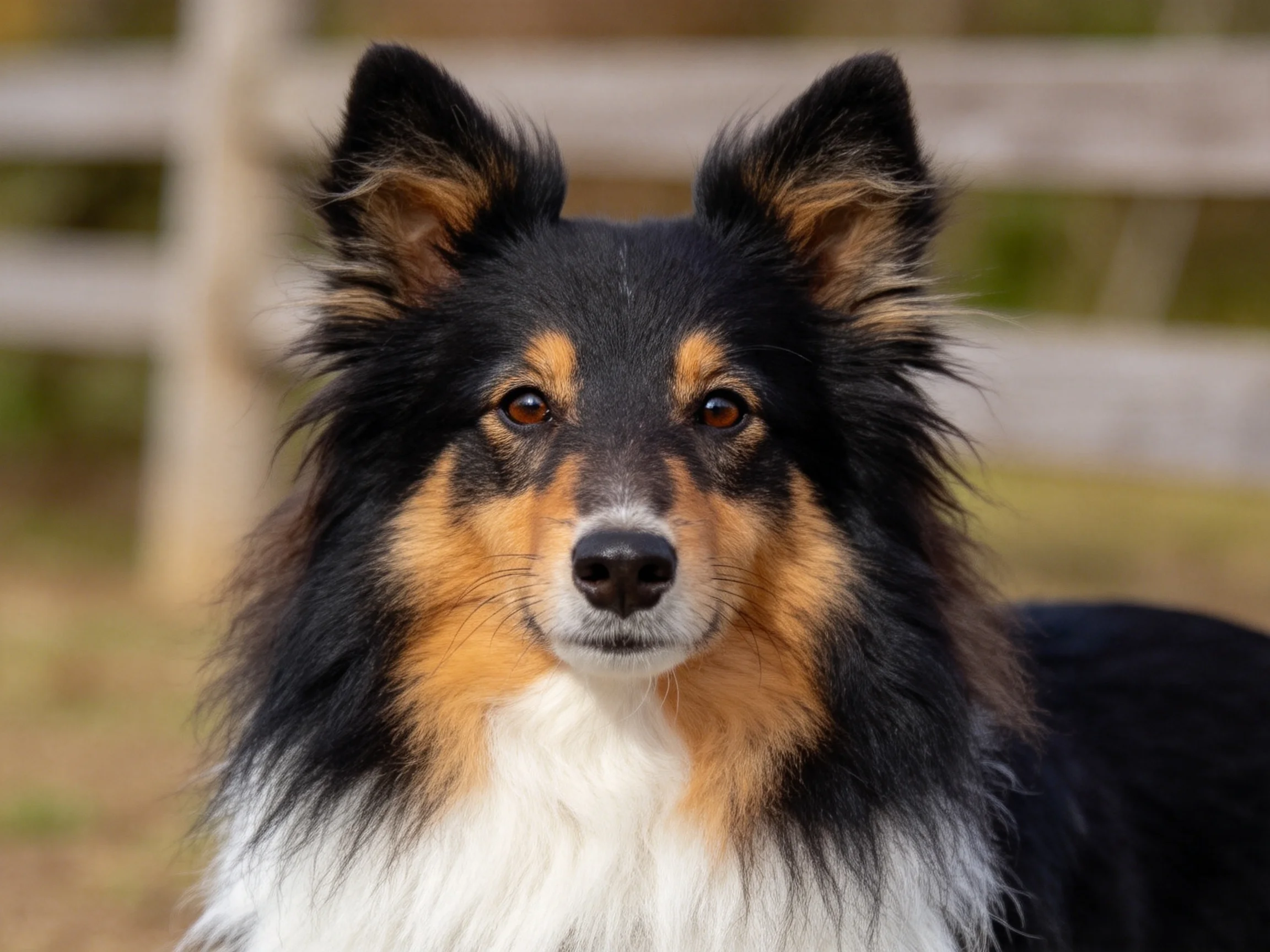 谢德兰牧羊犬有着黑、棕、白相间的被毛,耳朵竖立,眼神专注地注视着镜头方向。