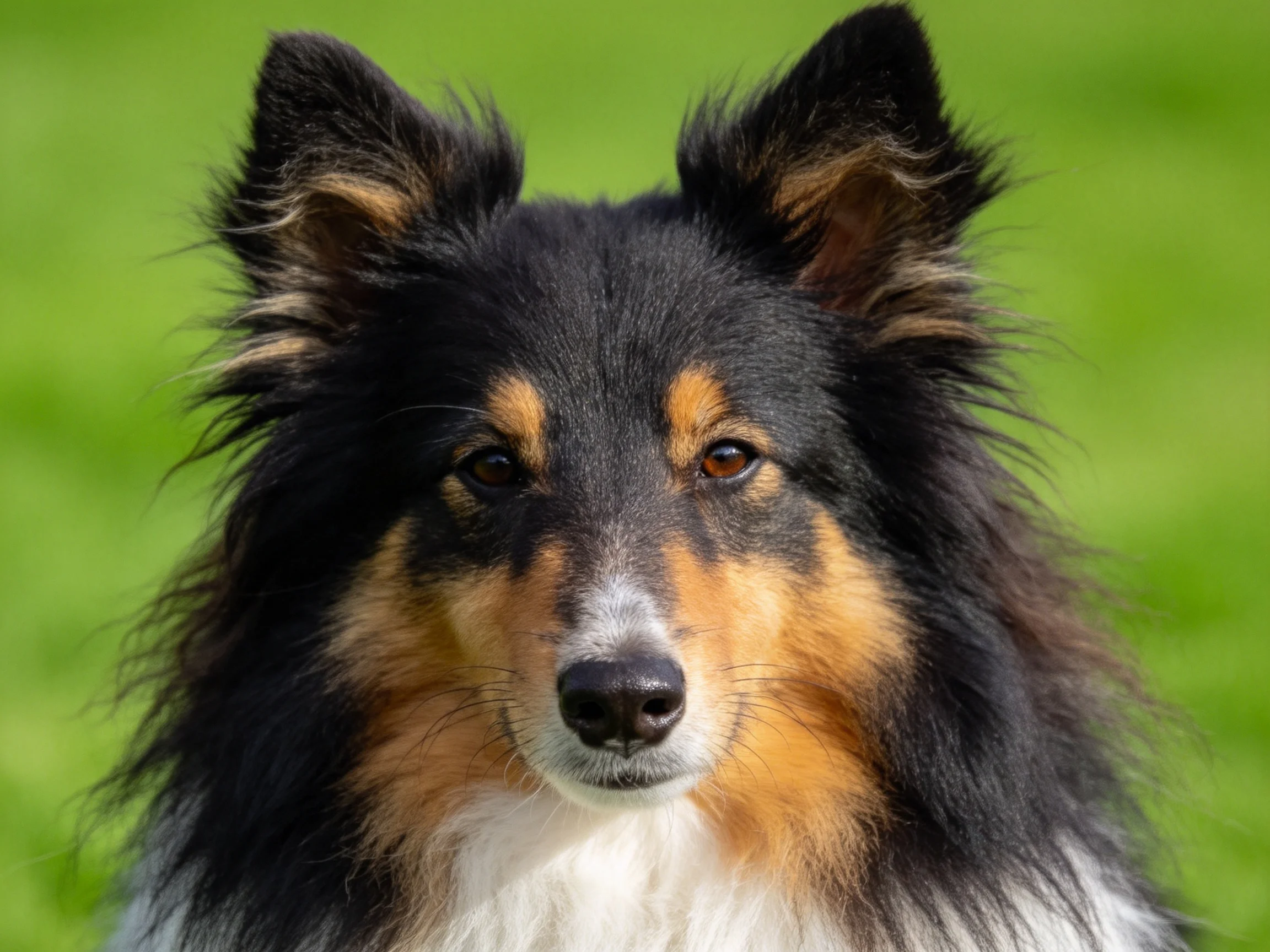 苏格兰牧羊犬,拥有黑、棕、白相间的毛发,眼睛明亮且眼神专注。