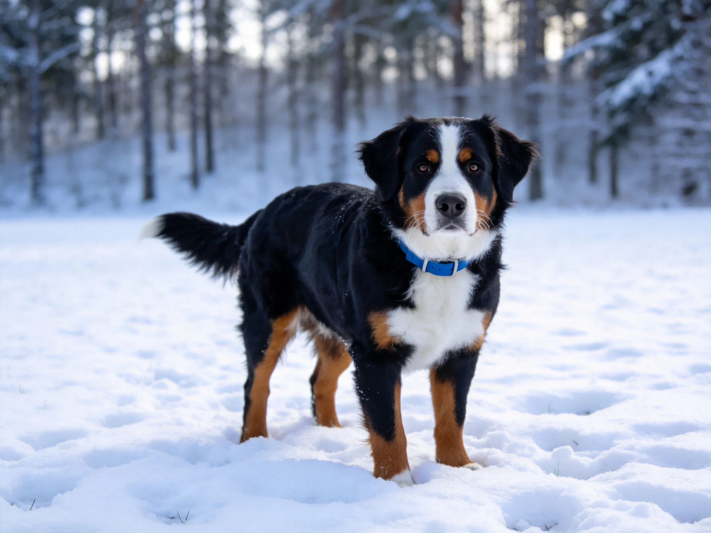 伯恩山犬有着黑、棕、白三色毛发，佩戴蓝色项圈，站在雪地中注视前方。