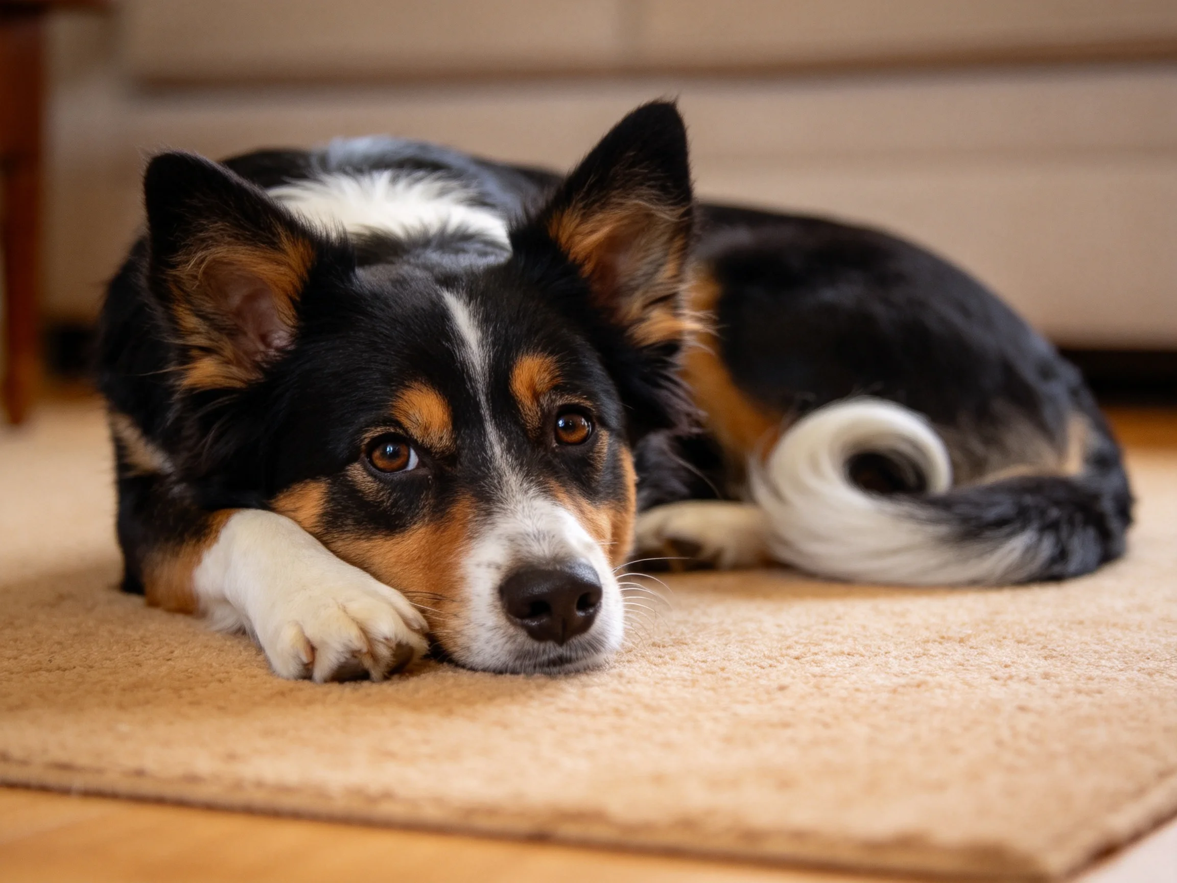三色边境牧羊犬混种犬趴在浅棕色阶梯地毯上,白色尾巴卷曲,眼神温和。