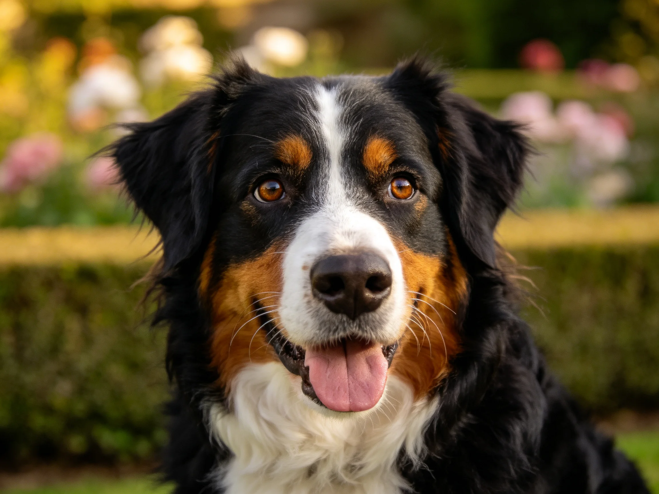 伯恩山犬有着黑色、白色与锈红色的毛发,嘴巴微张露出舌头,处于花园环境中。