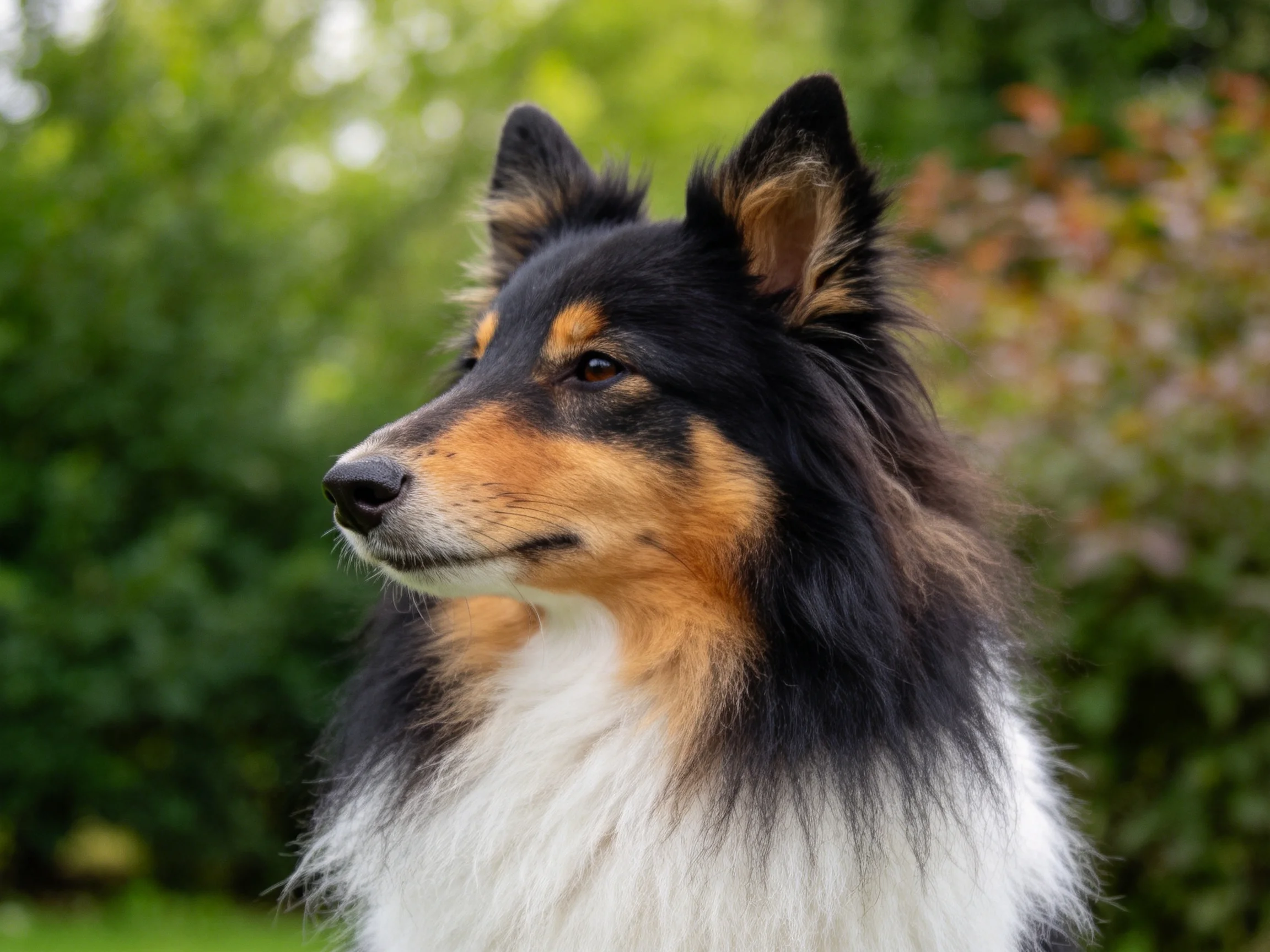 设得兰牧羊犬有着黑、棕、白相间的毛发,耳朵竖立,眼部周围有明显的色素分布。