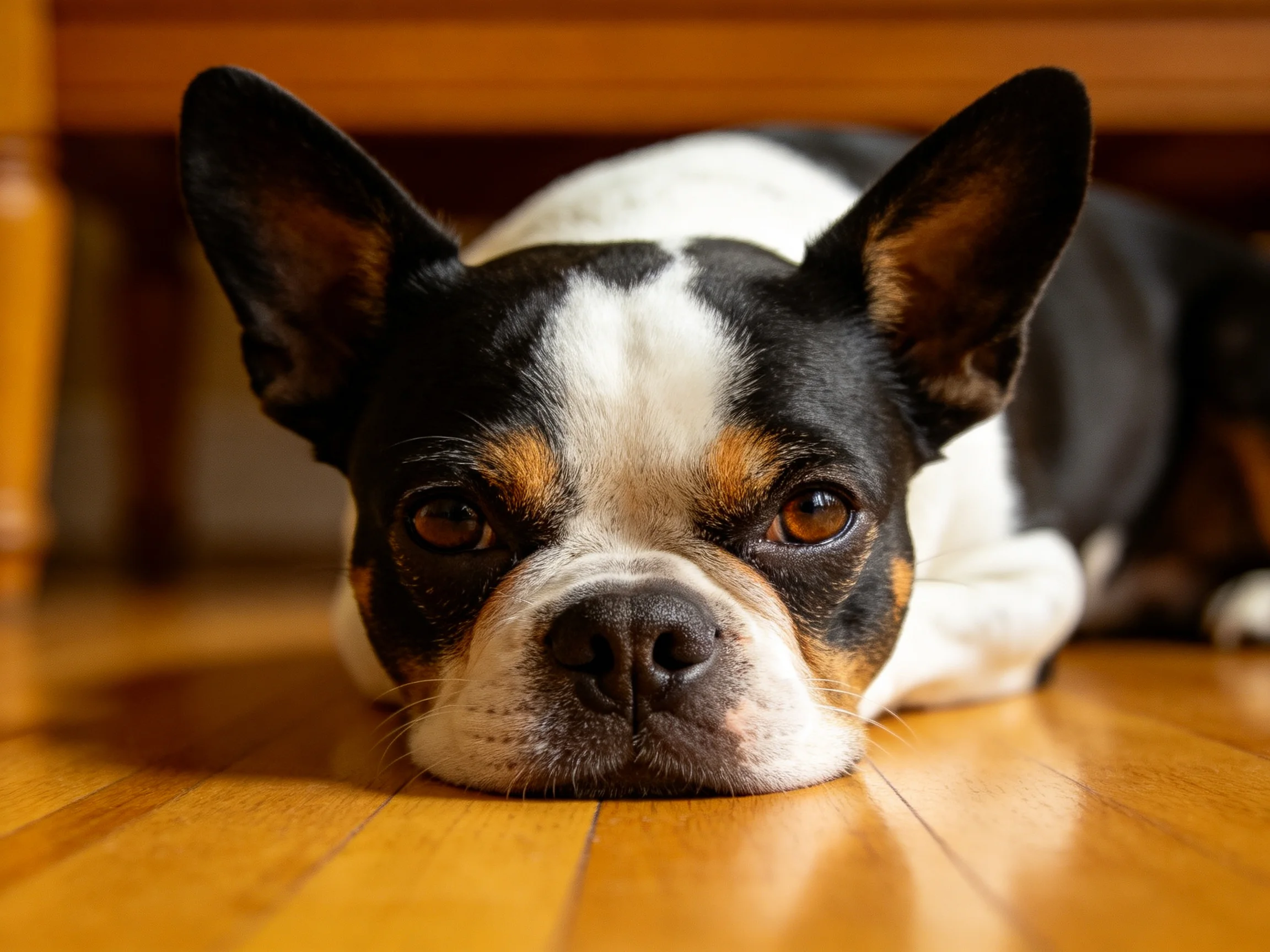 波士顿梗犬安静趴卧，黑白棕相间毛发清晰，木质地板反光映出犬只姿态。