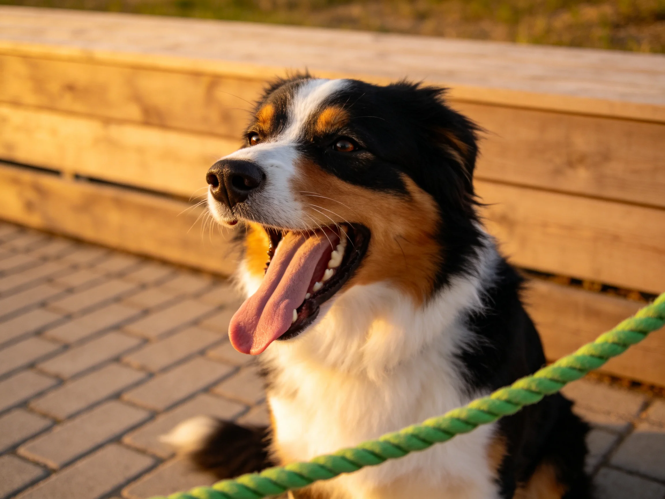 户外场景中，一只黑白棕相间的边境牧羊犬张开嘴巴，粉红色舌头清晰可见。