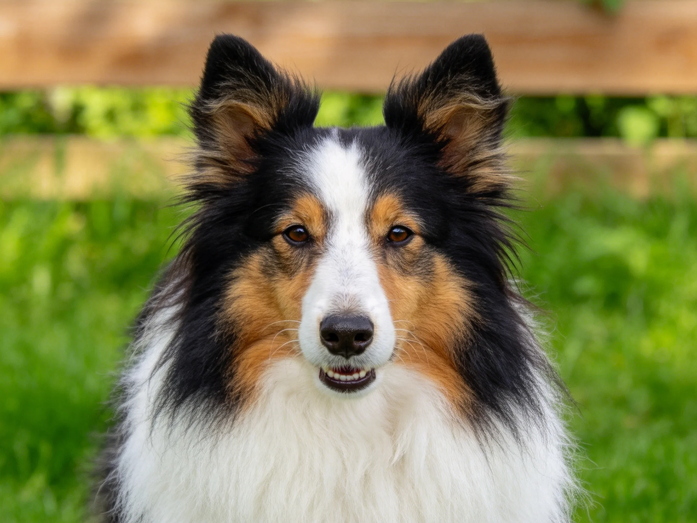 一只苏格兰棕相间的苏格兰牧羊犬,毛发柔软浓密,正站在草地上。