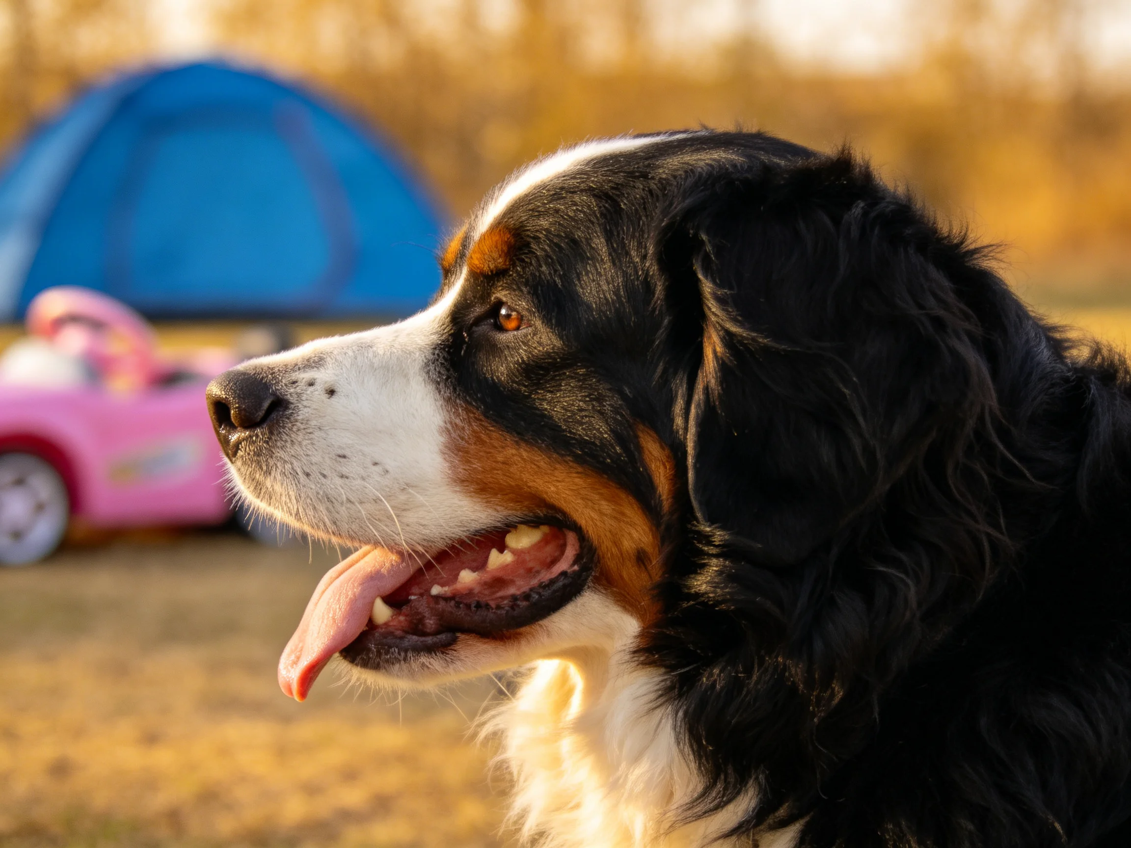 伯恩山犬侧脸特写,黑色毛发带有白色和棕色斑纹,嘴巴张开露出牙齿和伸出出的舌头。